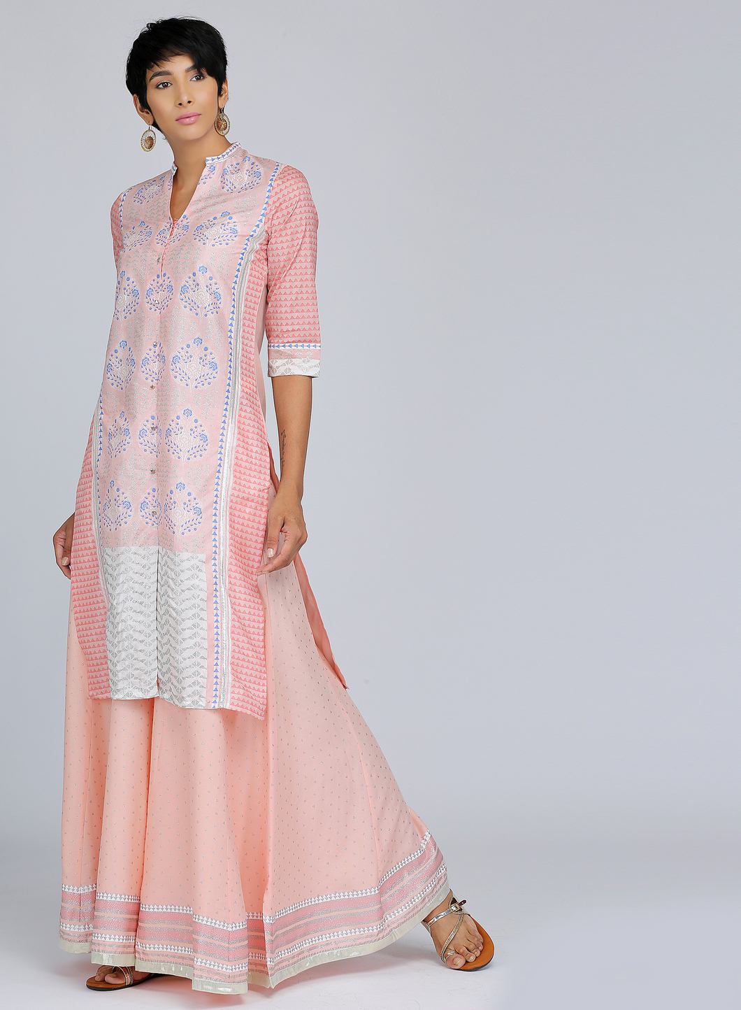 W for Woman Pink Mandarin Neck Printed kurta