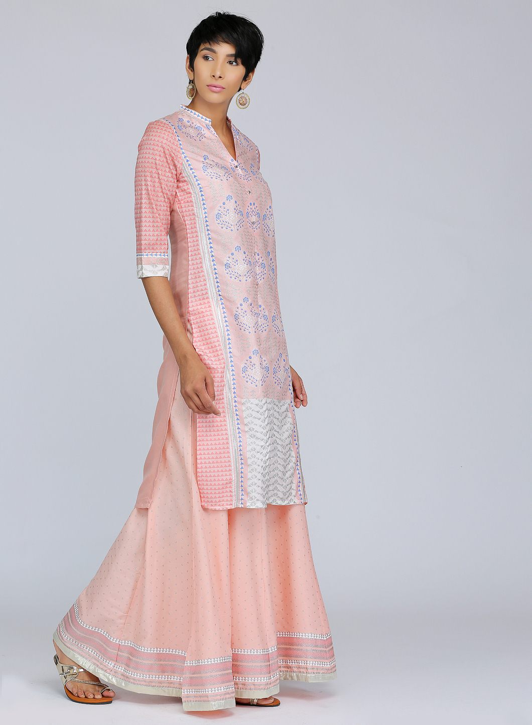 W for Woman Pink Mandarin Neck Printed kurta