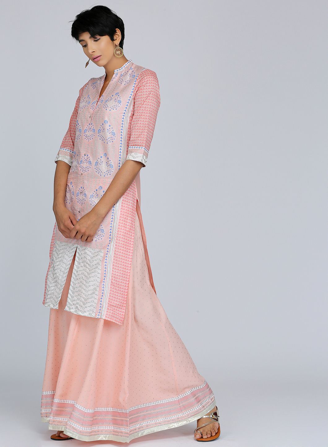 W for Woman Pink Mandarin Neck Printed kurta