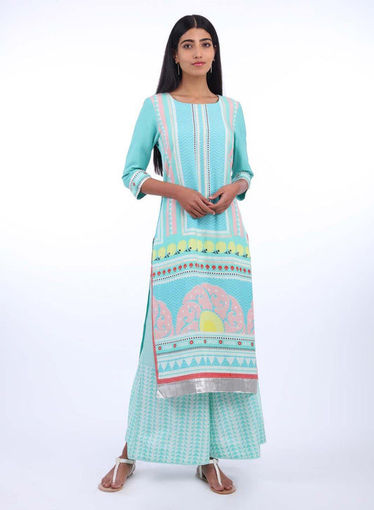 W for Woman Green Round Neck Printed kurta