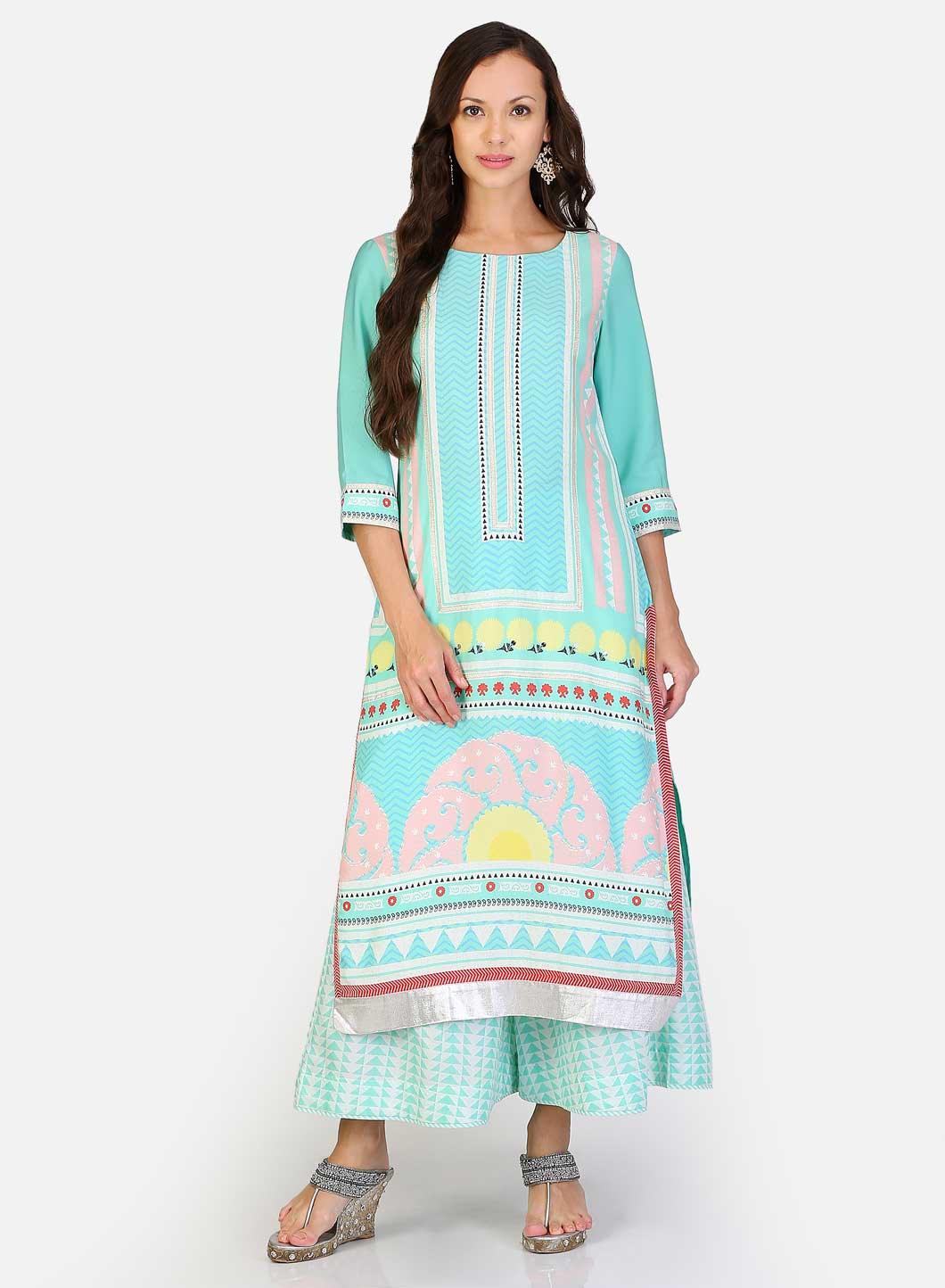 W for Woman Green Round Neck Printed kurta