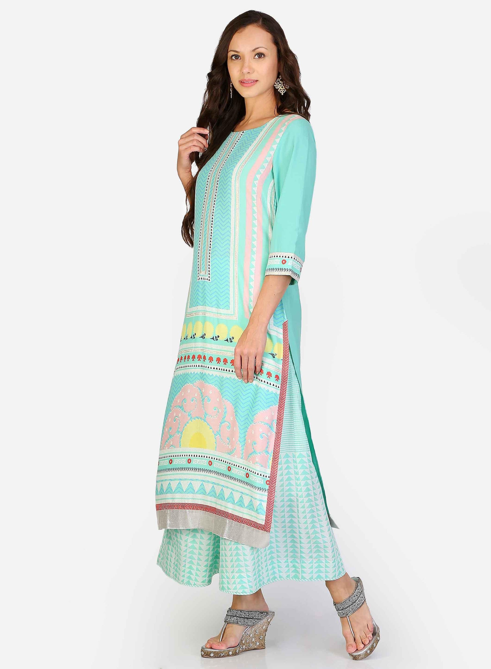 W for Woman Green Round Neck Printed kurta