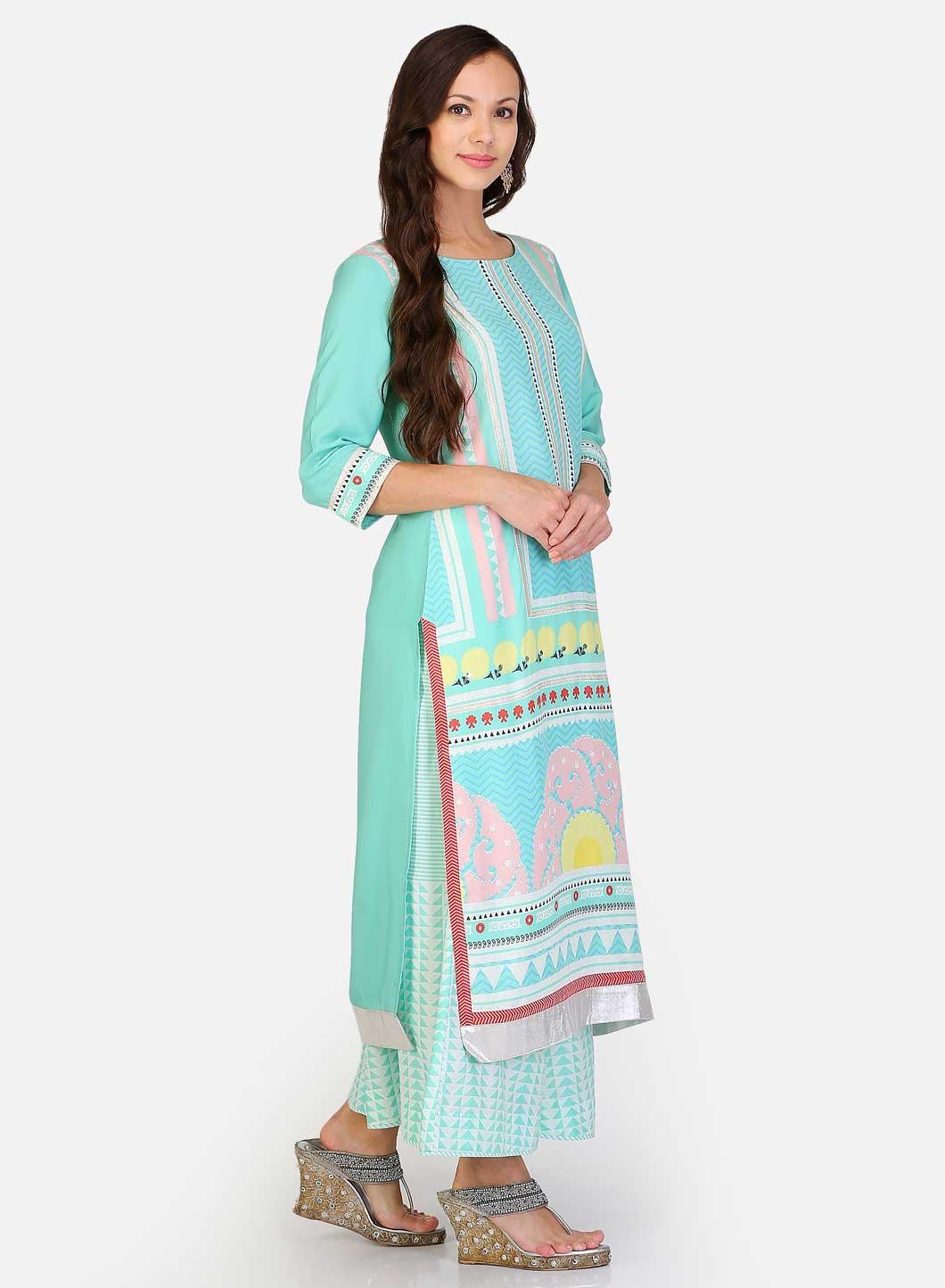 W for Woman Green Round Neck Printed kurta