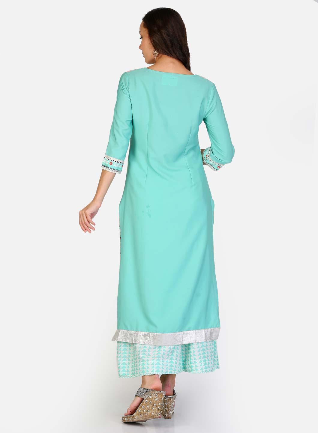 W for Woman Green Round Neck Printed kurta