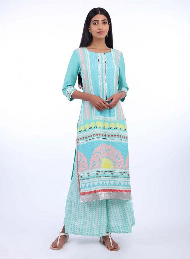 W for Woman Green Round Neck Printed kurta