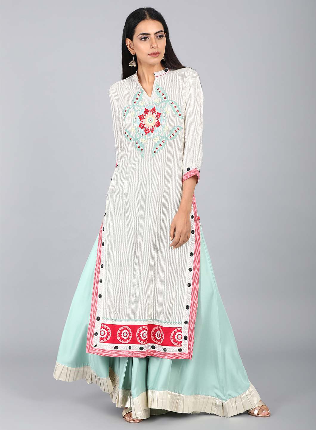 W for Woman White Mandarin Neck Printed kurta