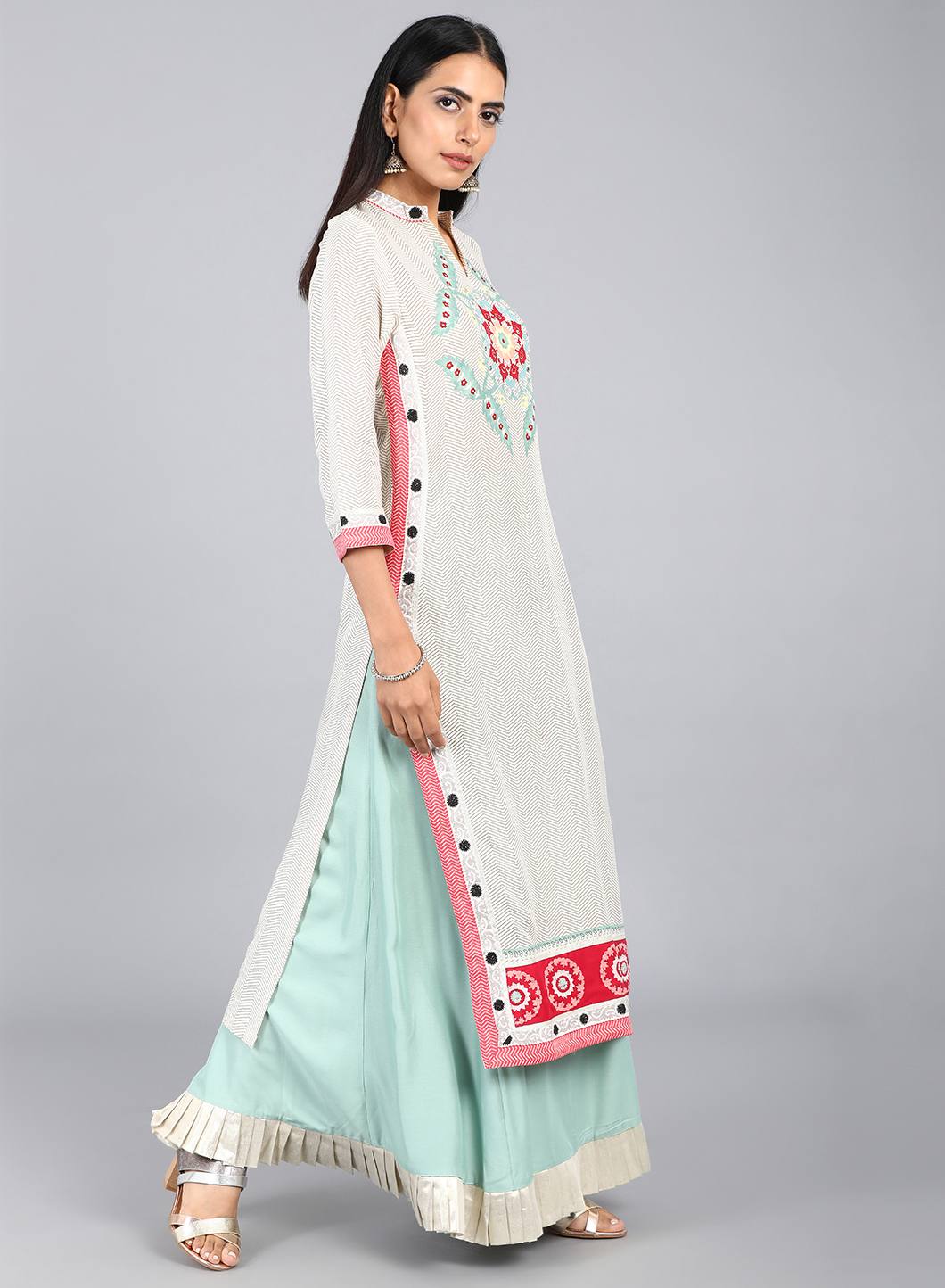 W for Woman White Mandarin Neck Printed kurta