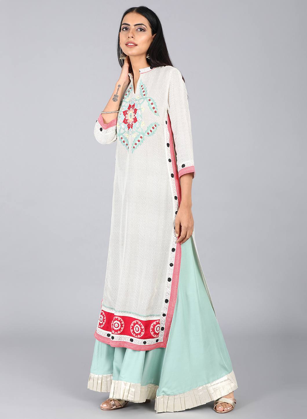 W for Woman White Mandarin Neck Printed kurta