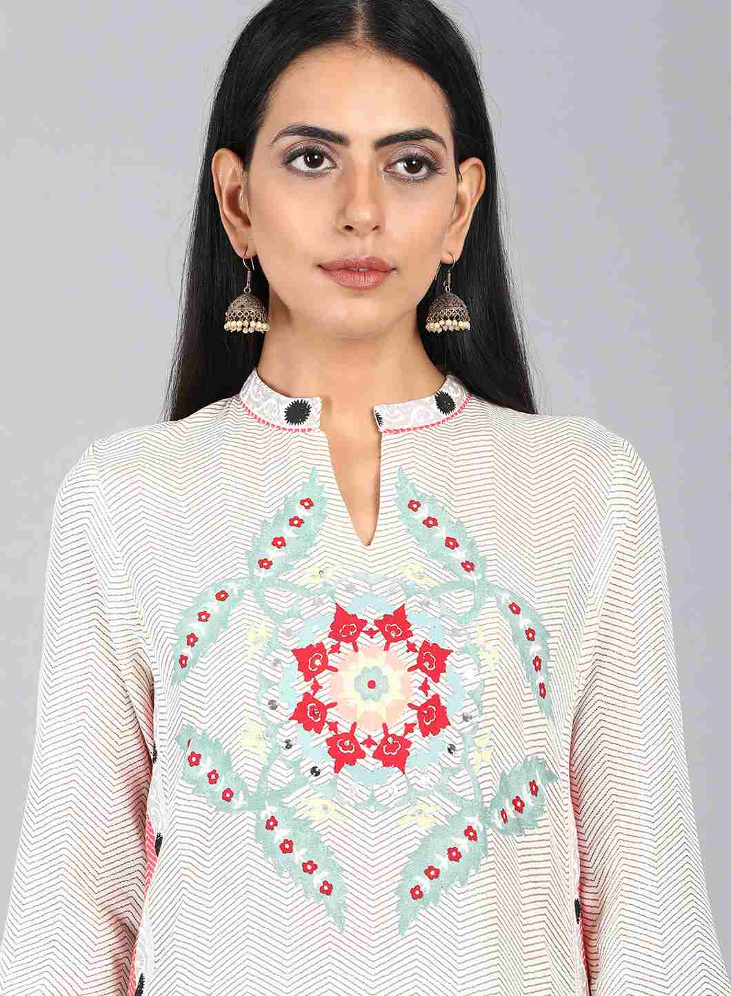 W for Woman White Mandarin Neck Printed kurta