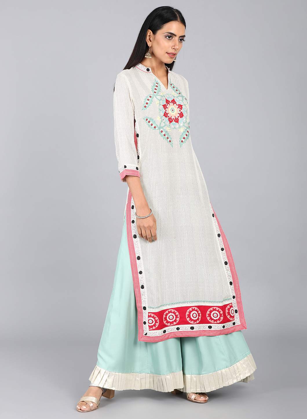 W for Woman White Mandarin Neck Printed kurta