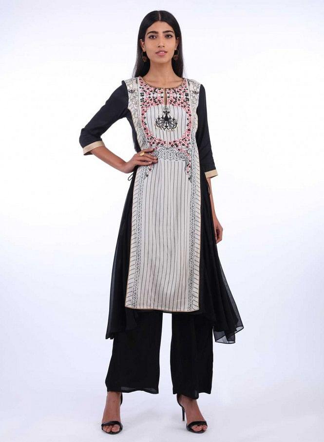 W for Woman Off-White Round Neck Printed kurta