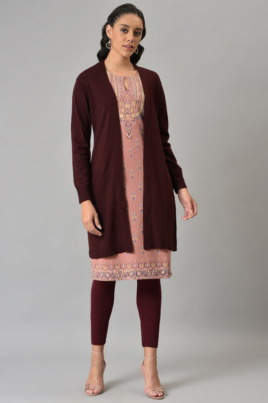 W for Woman Wine Cardigan With Attached Scarf