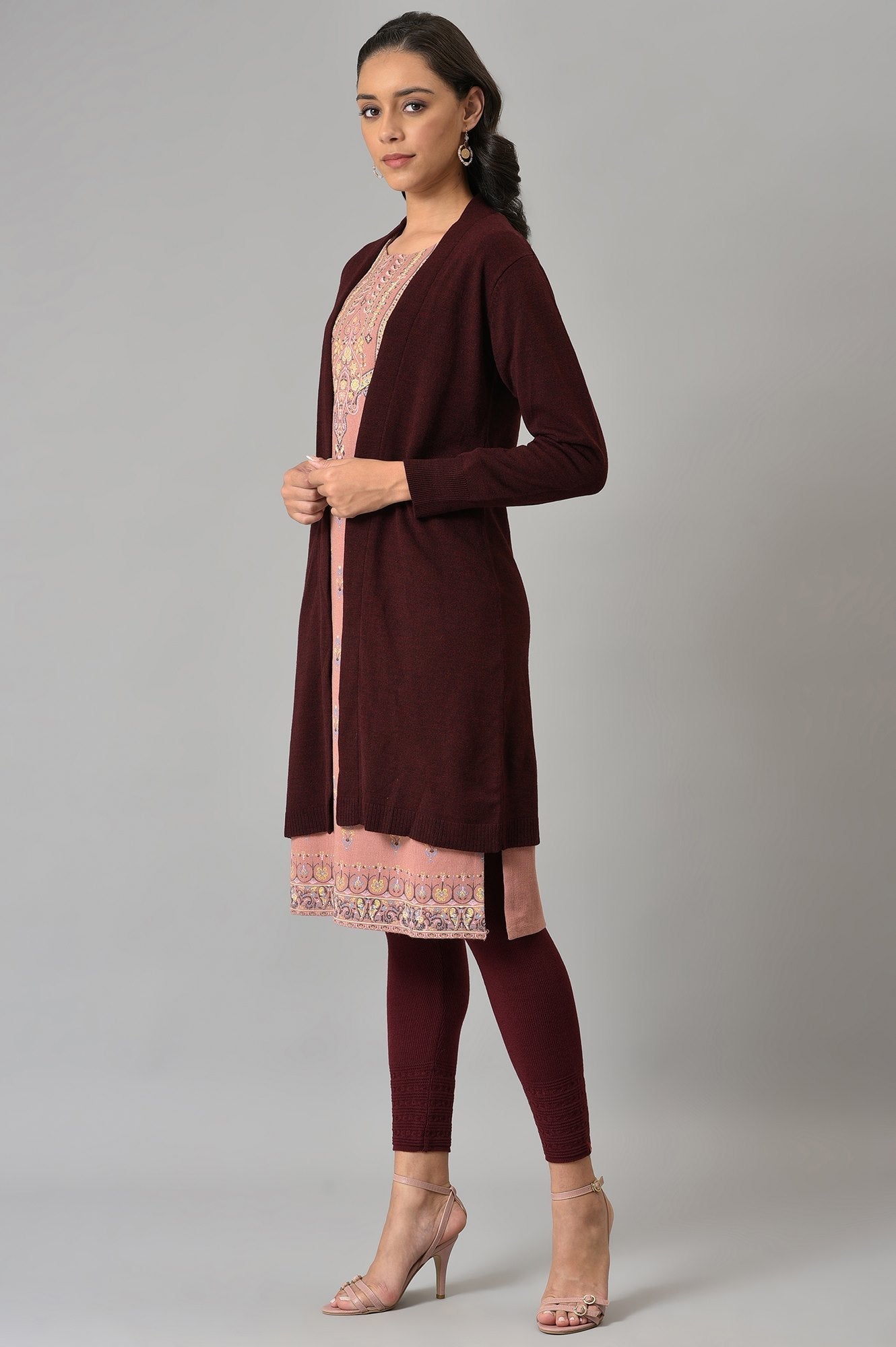 W for Woman Wine Cardigan With Attached Scarf
