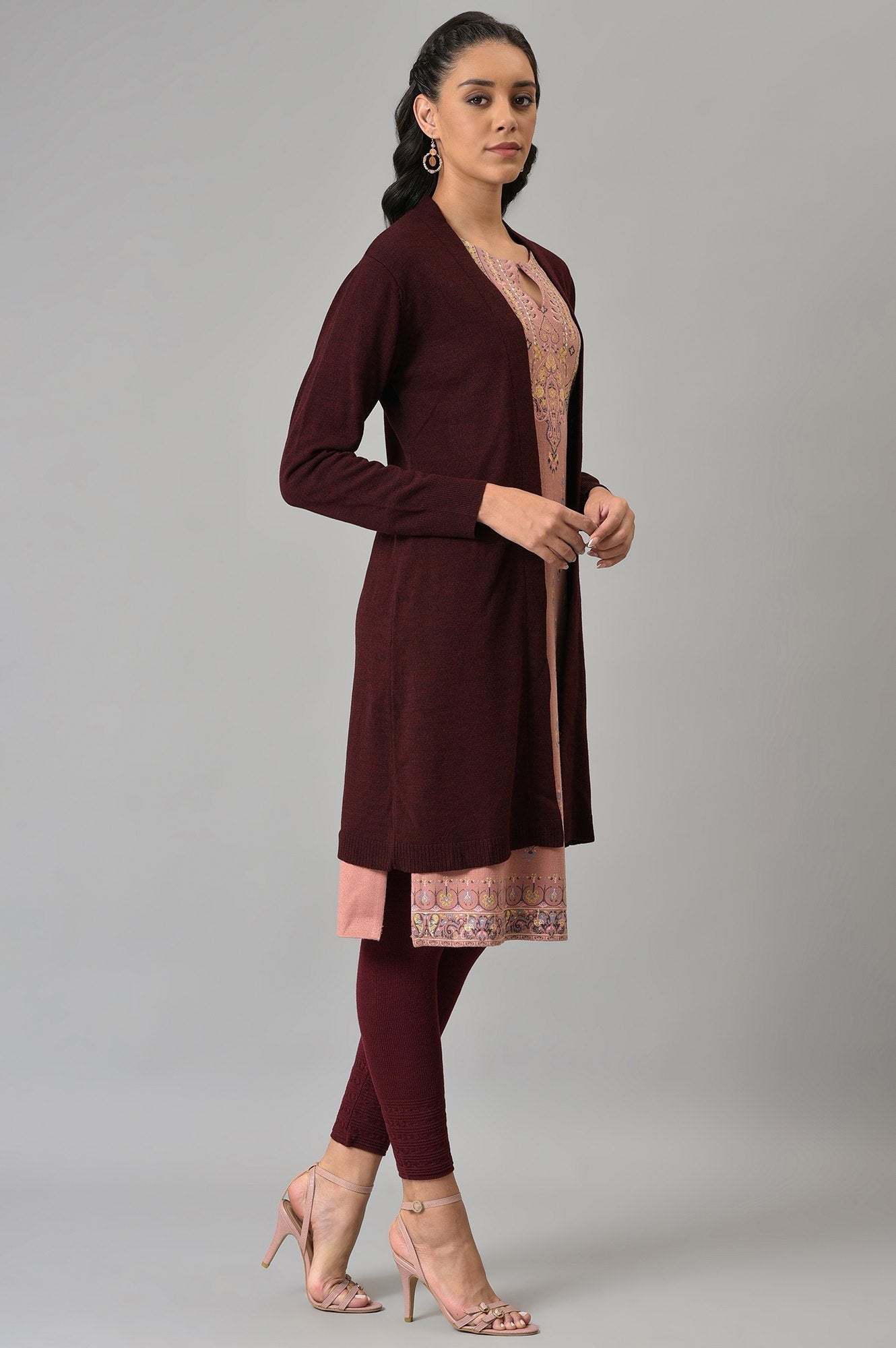 W for Woman Wine Cardigan With Attached Scarf