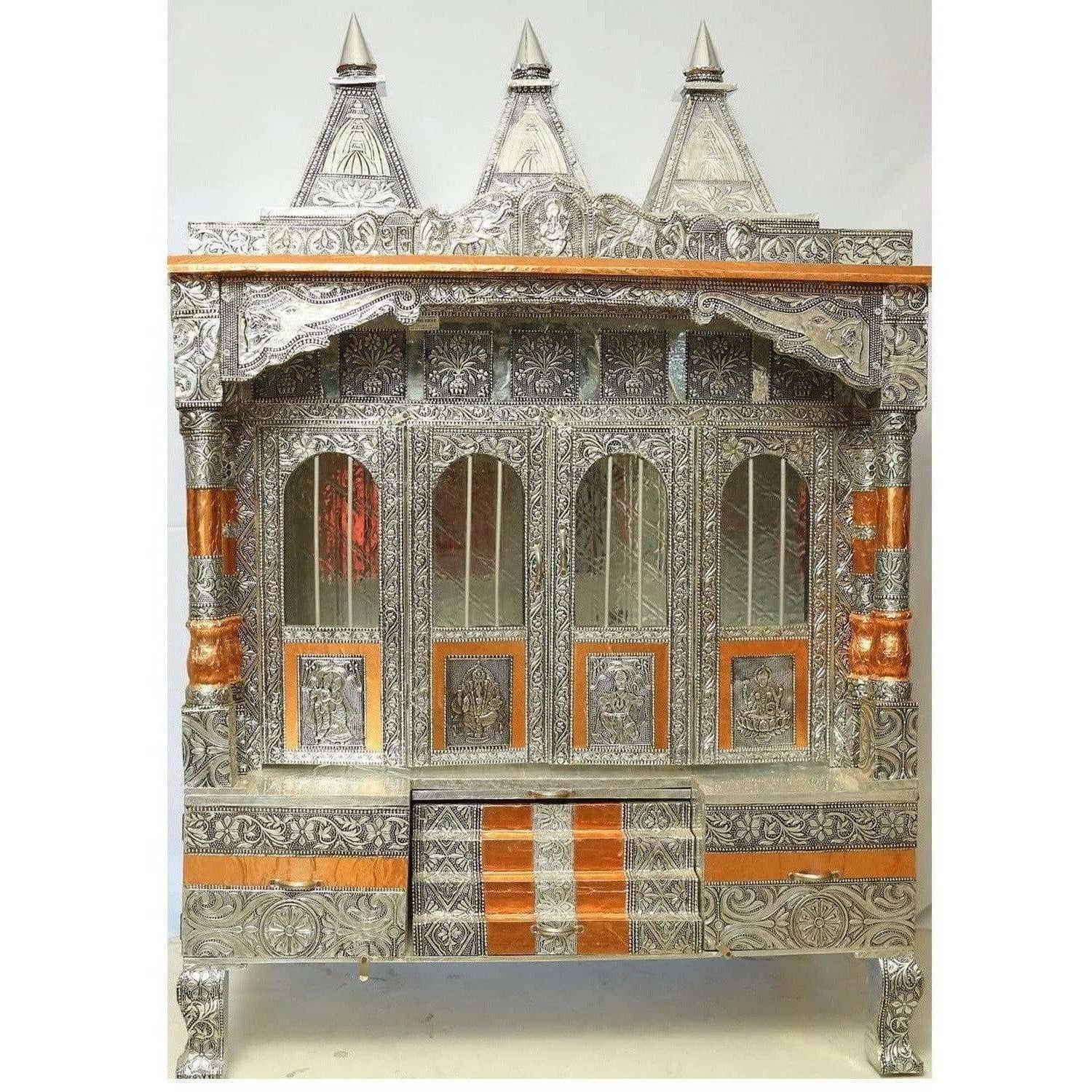 Silver Coated 4 Door with 3 Monument Towers Silver Pooja Mandir / Silver Pooja Mandiram 
