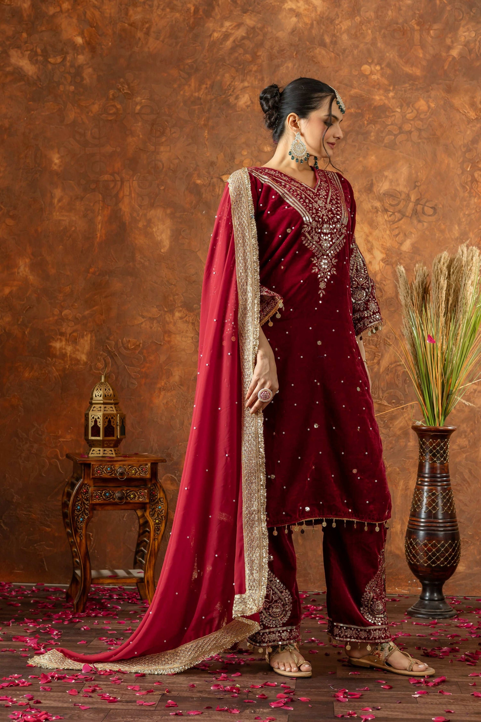 Teeya Creation Red Color Velvet Silk Embroidery Work Party Wear Suit