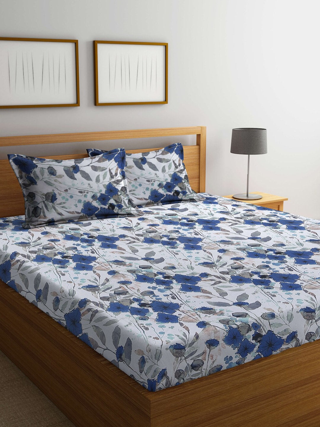 BOMBAY DYEING Blue & White Floral Cotton 144 TC King Bedsheet With 2 Pillow Covers | Grab2Buy