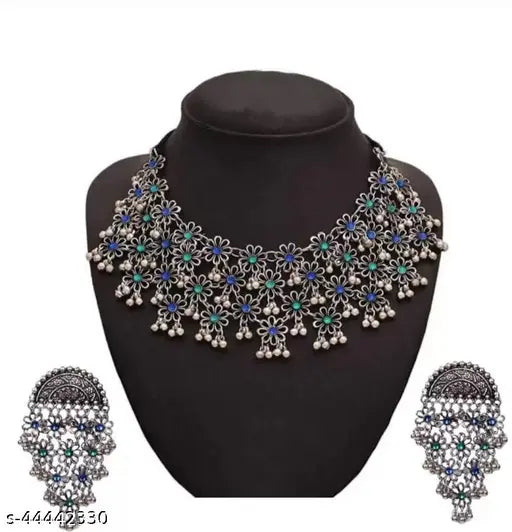 Tehzeeb Creations Women's Silver Colour Oxidised Necklace And Earring With Multi Beads Tehzeeb Creations