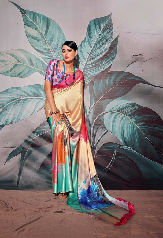 Anaita Cream Pure Satin Silk With Zari Weaving Saree With Blouse