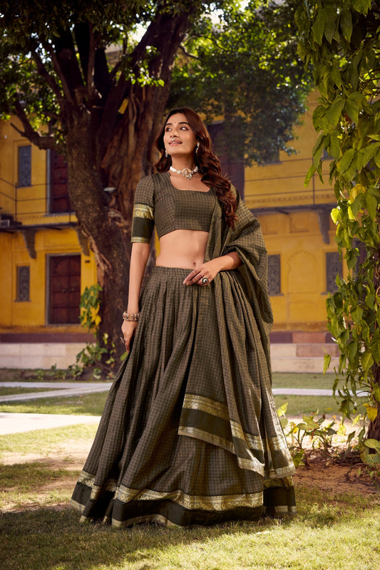 Lorenvalley Fashion Grey Chettinad Cotton Chex with Zari Weaving Work Lehenga Choli with Dupatta 