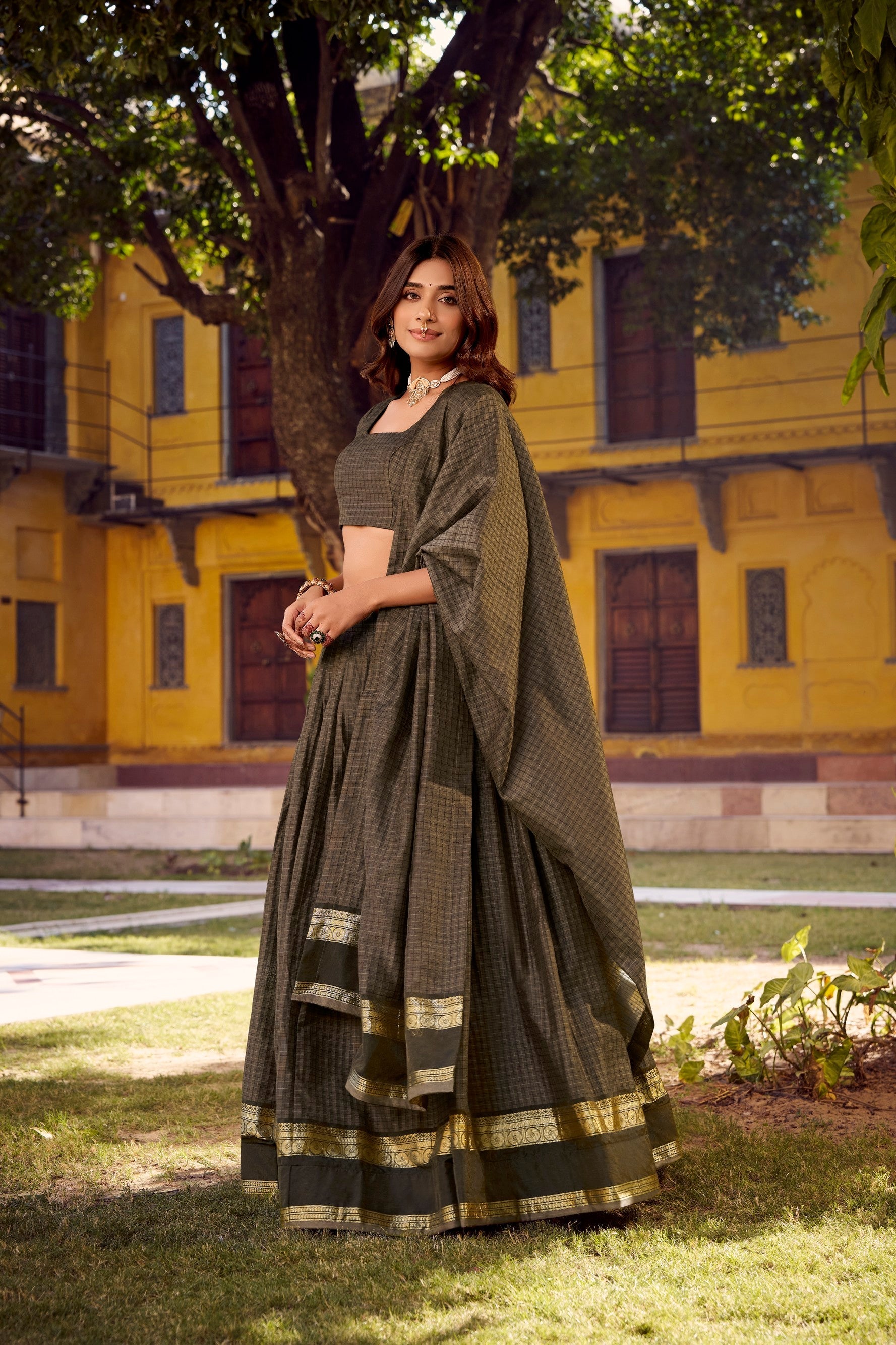 Lorenvalley Fashion Grey Chettinad Cotton Chex with Zari Weaving Work Lehenga Choli with Dupatta 