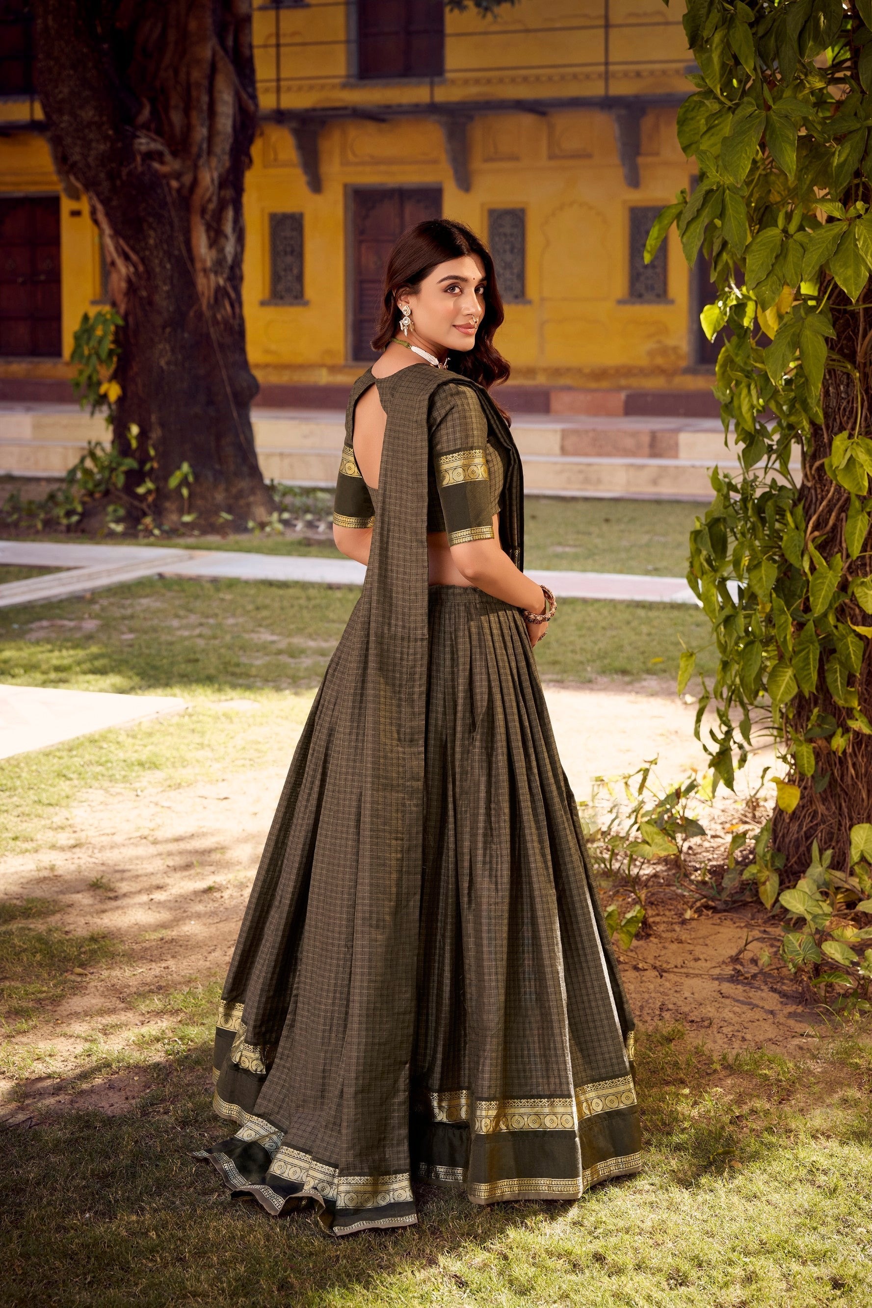 Lorenvalley Fashion Grey Chettinad Cotton Chex with Zari Weaving Work Lehenga Choli with Dupatta 