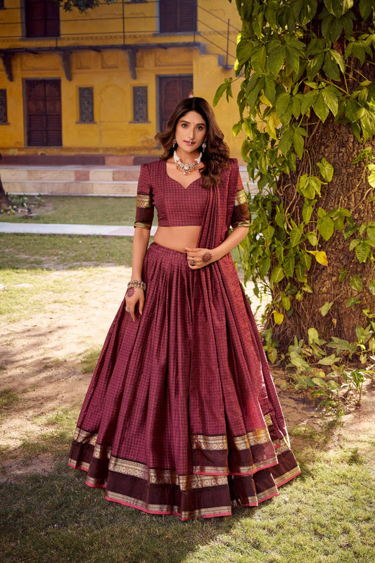 Lorenvalley Fashion Rust Chettinad Cotton Chex with Zari Weaving Work Lehenga Choli with Dupatta 
