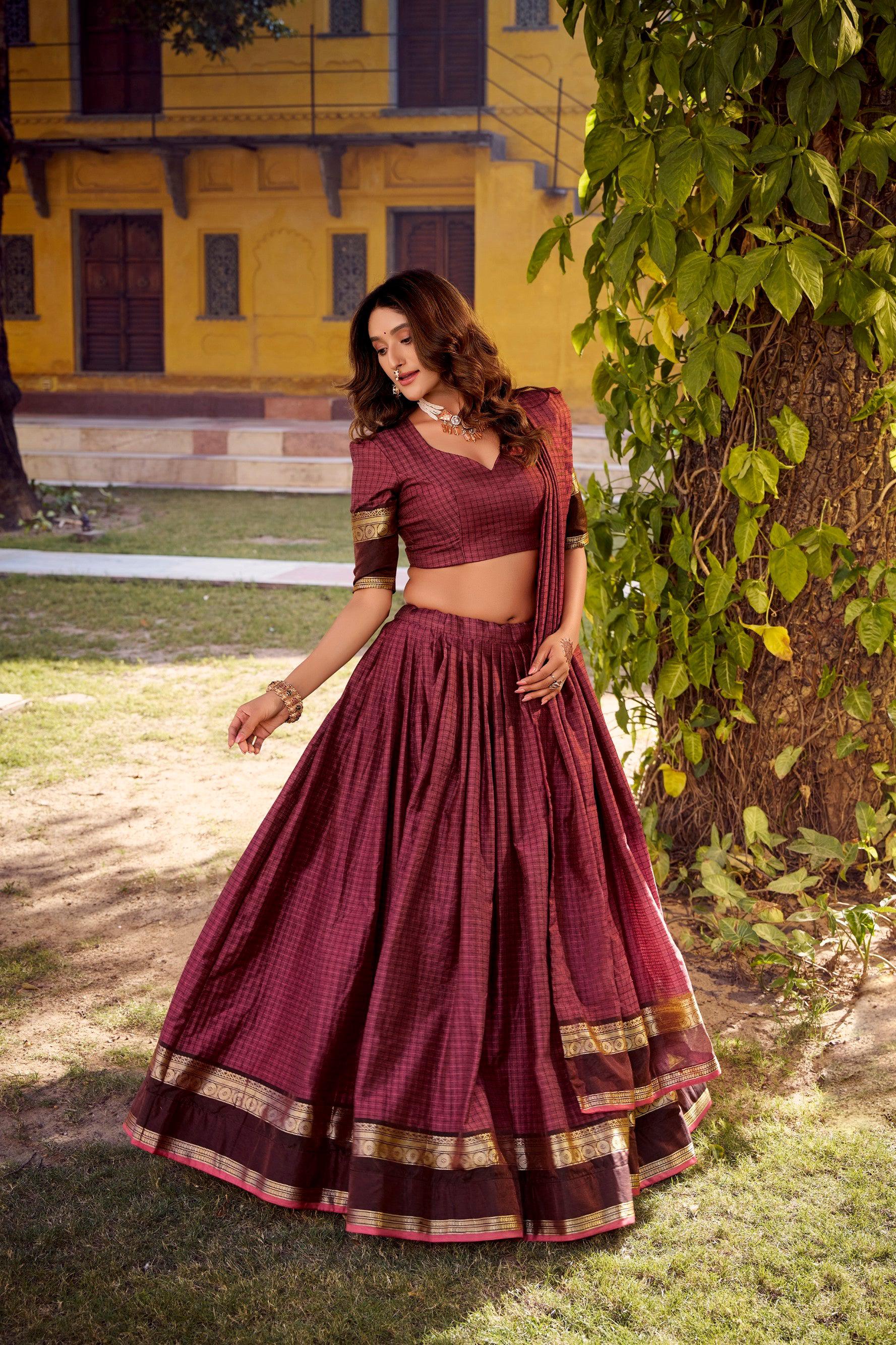 Lorenvalley Fashion Rust Chettinad Cotton Chex with Zari Weaving Work Lehenga Choli with Dupatta 