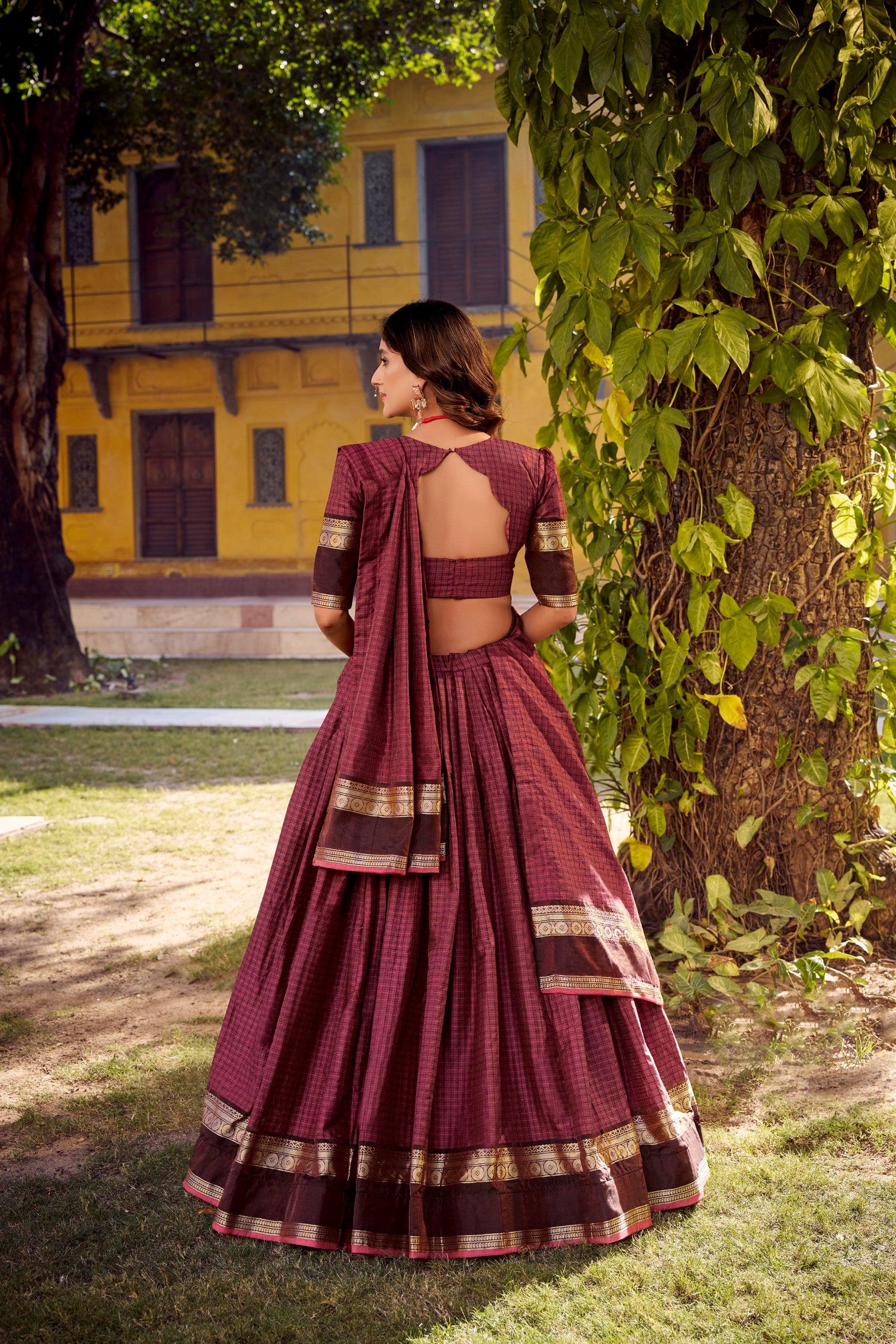 Lorenvalley Fashion Rust Chettinad Cotton Chex with Zari Weaving Work Lehenga Choli with Dupatta 