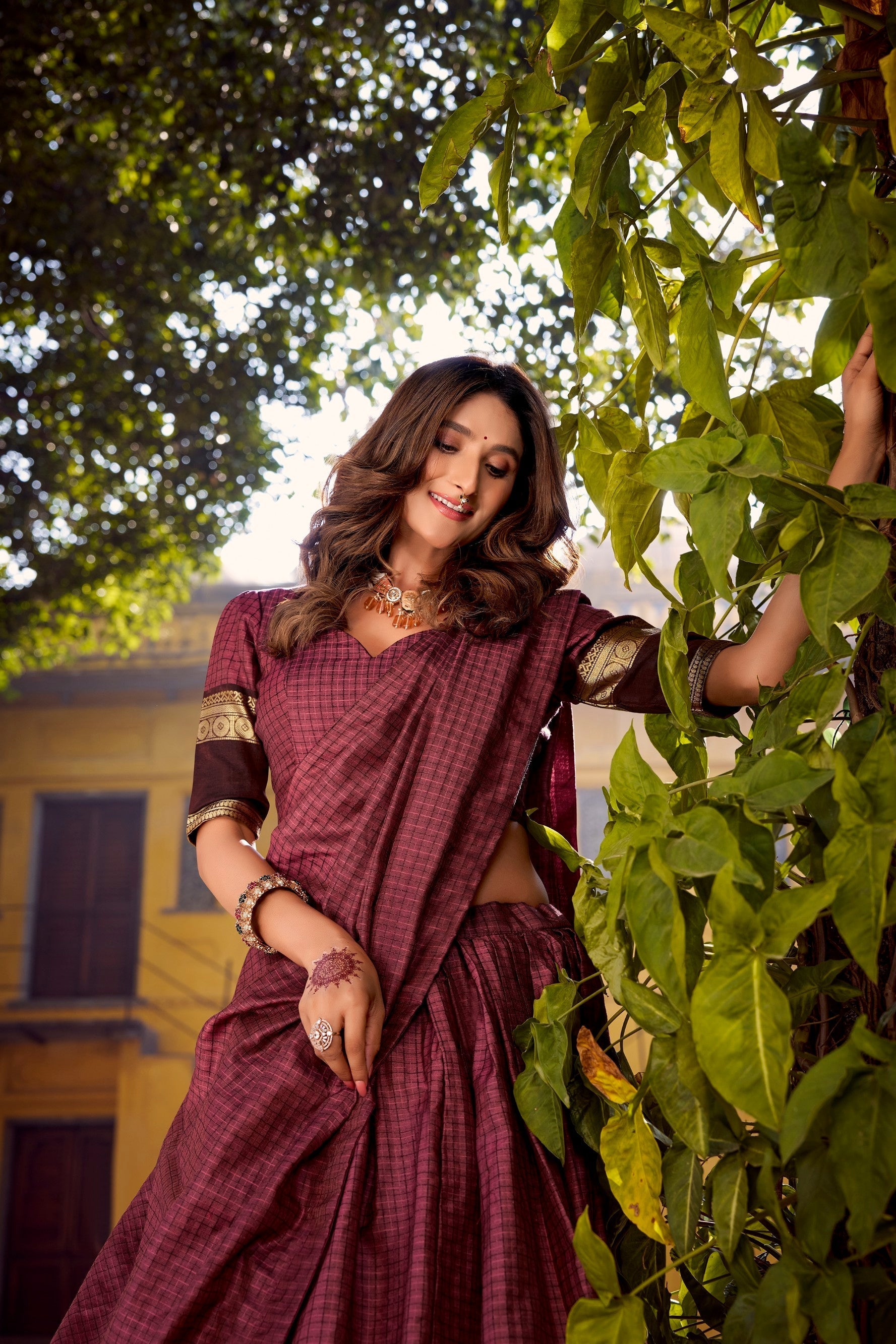 Lorenvalley Fashion Rust Chettinad Cotton Chex with Zari Weaving Work Lehenga Choli with Dupatta 