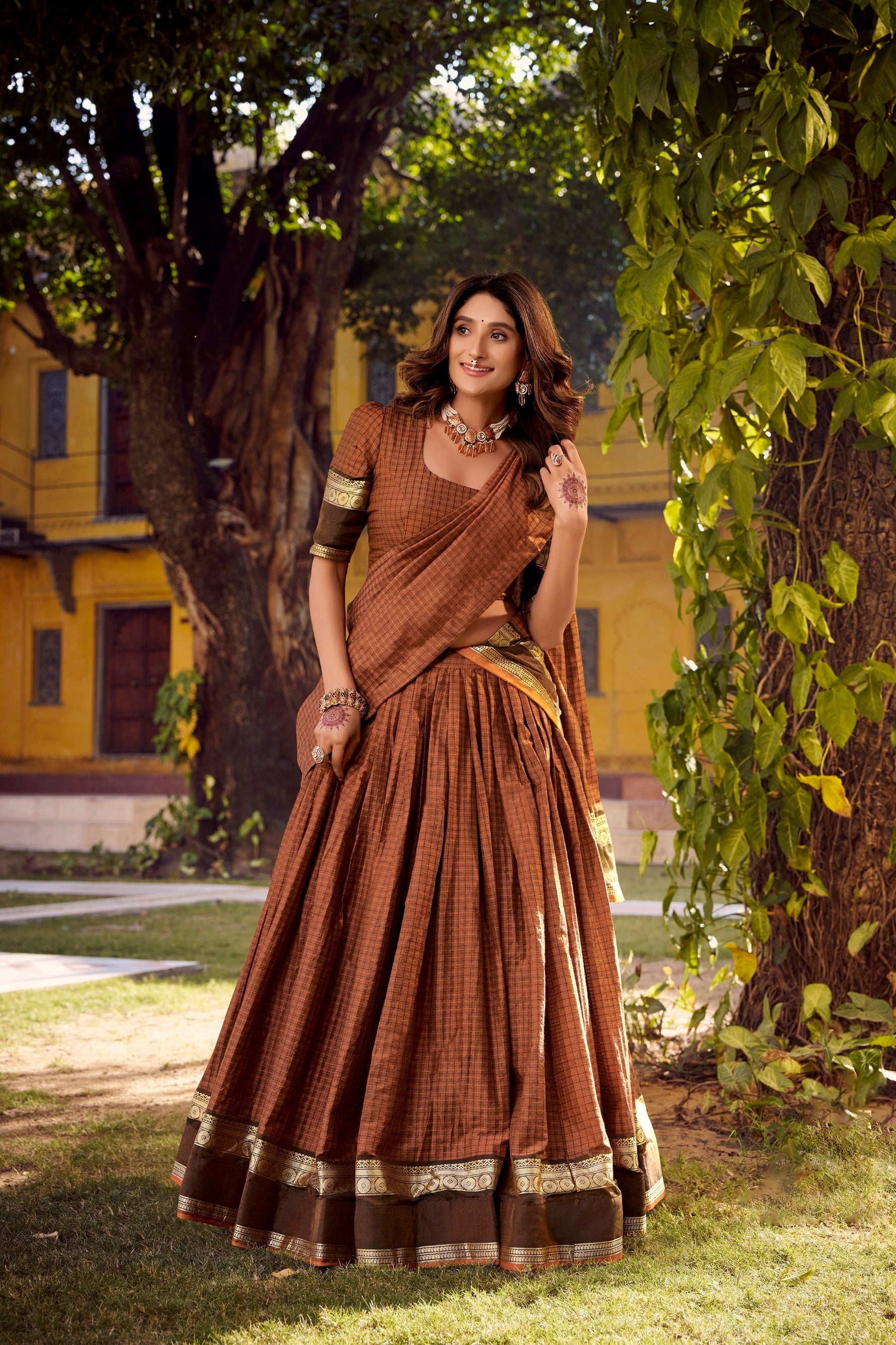 Lorenvalley Fashion Brown Chettinad Cotton Chex with Zari Weaving Work Lehenga Choli with Dupatta 