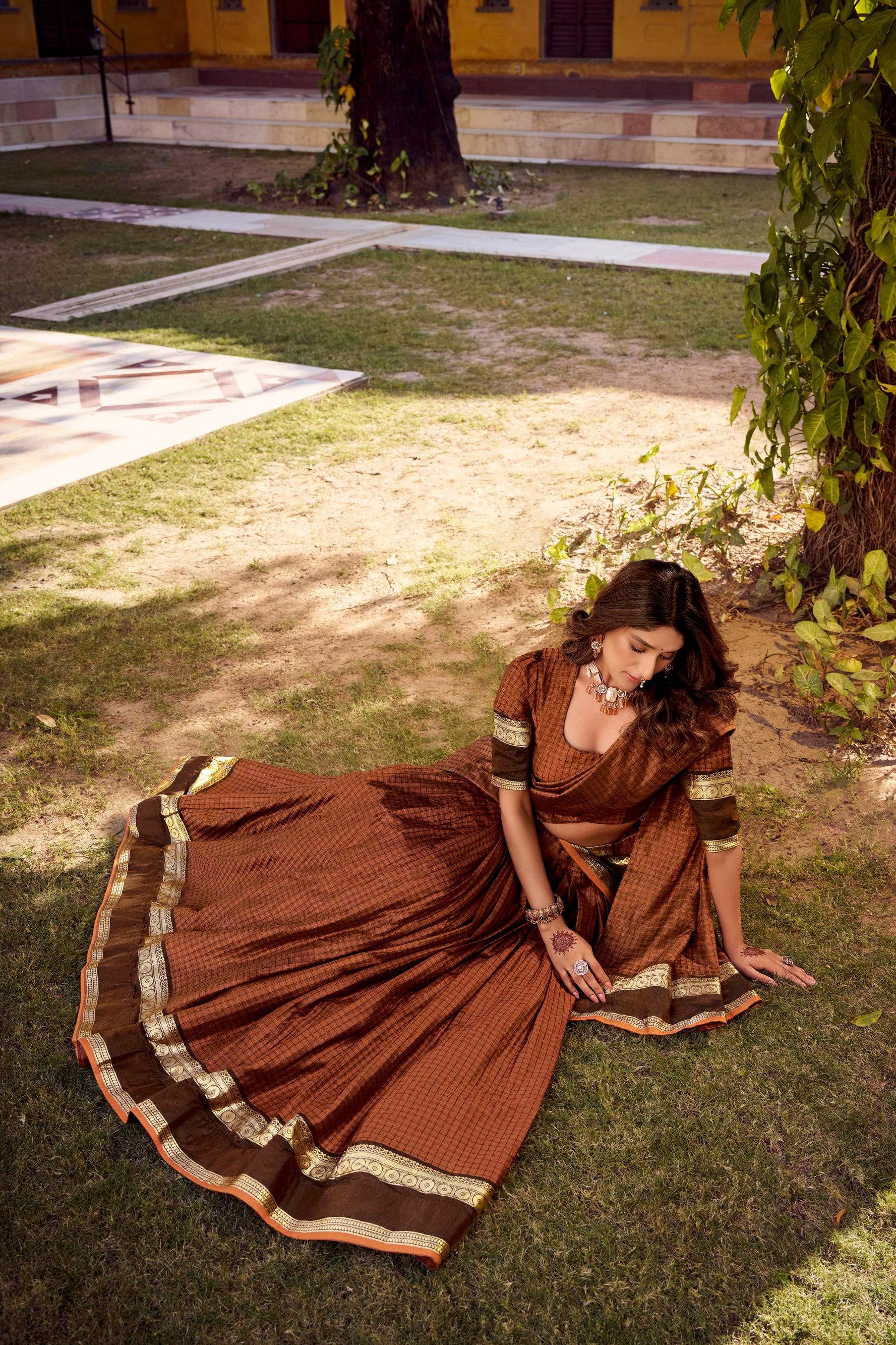 Lorenvalley Fashion Brown Chettinad Cotton Chex with Zari Weaving Work Lehenga Choli with Dupatta 