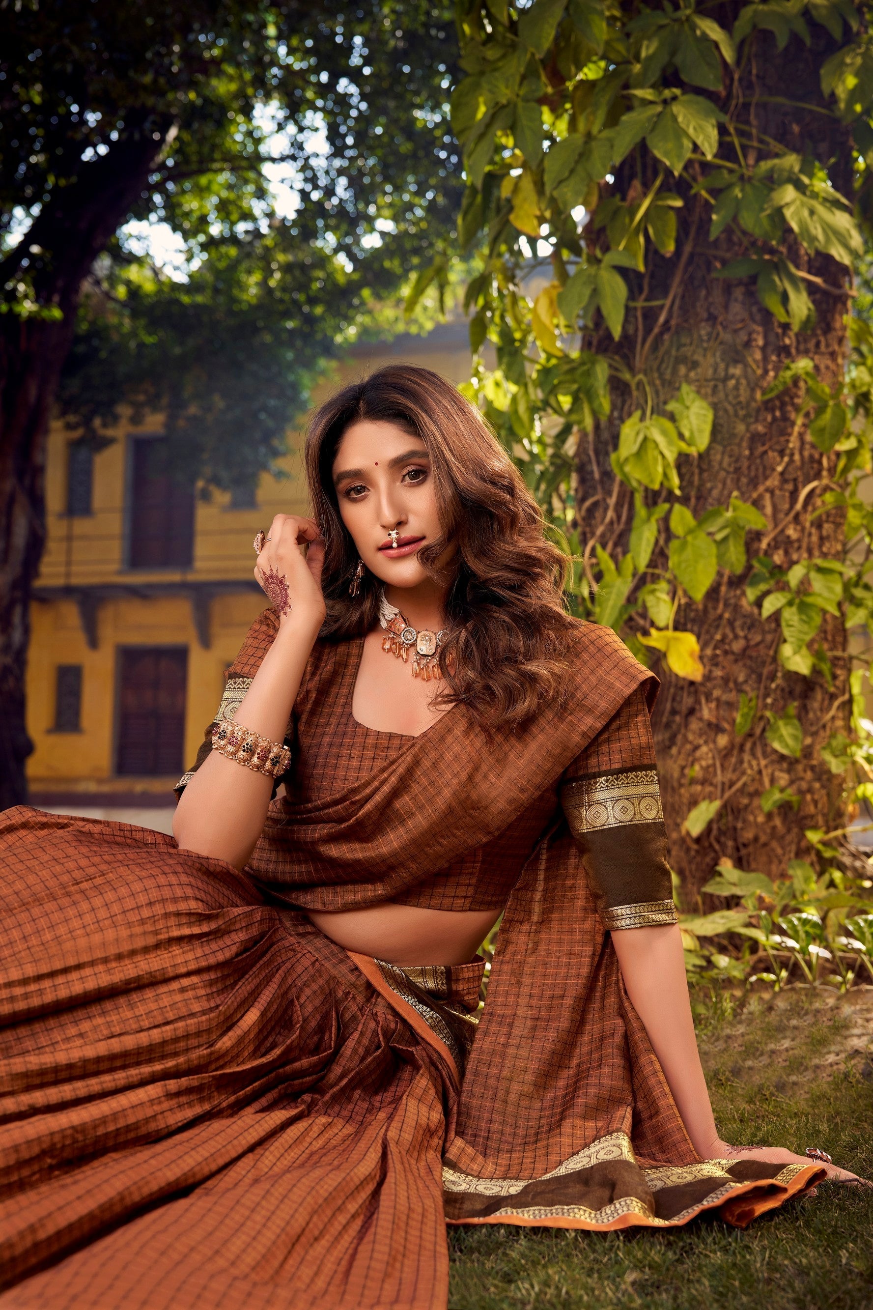 Lorenvalley Fashion Brown Chettinad Cotton Chex with Zari Weaving Work Lehenga Choli with Dupatta 
