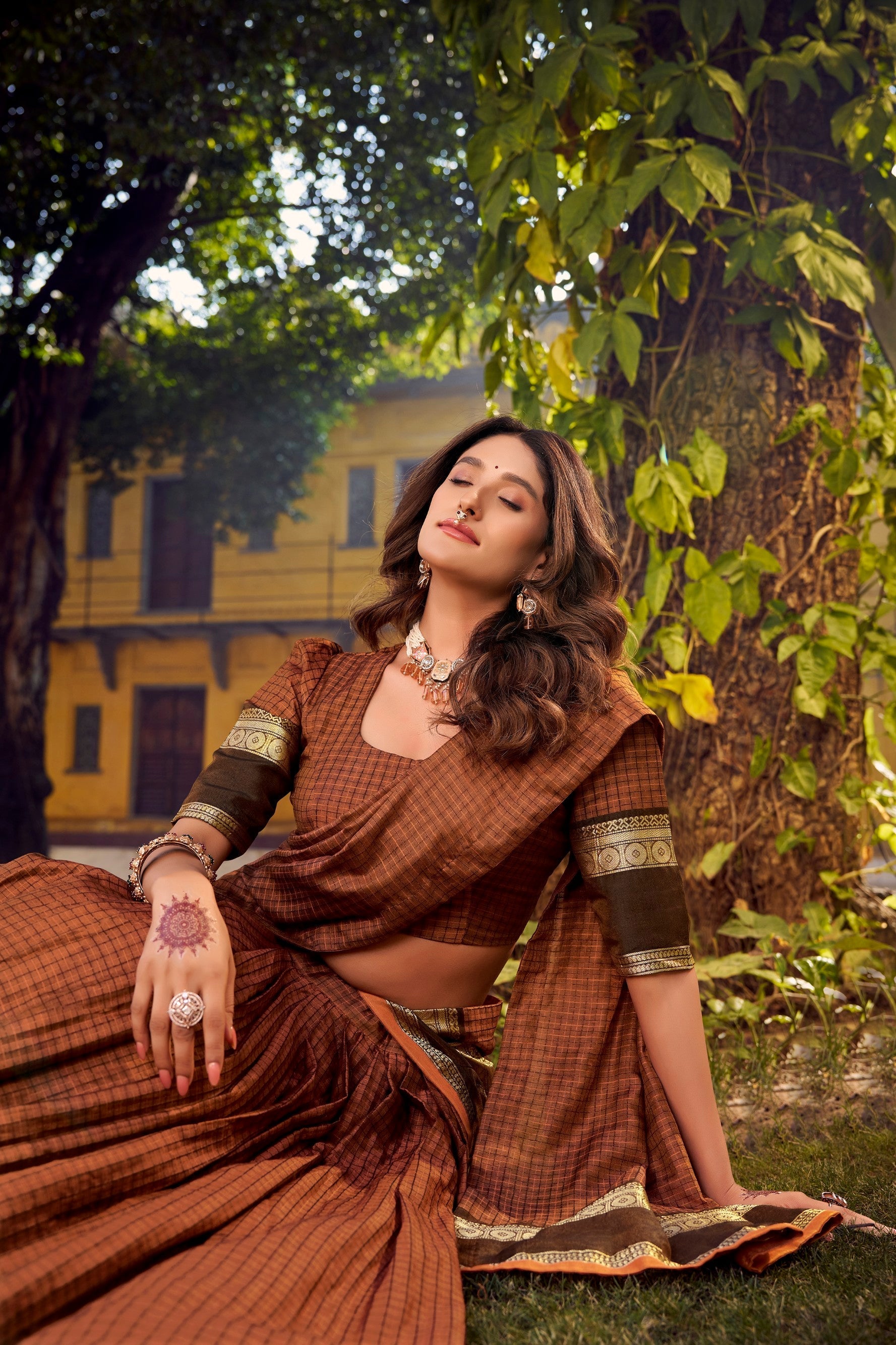Lorenvalley Fashion Brown Chettinad Cotton Chex with Zari Weaving Work Lehenga Choli with Dupatta 