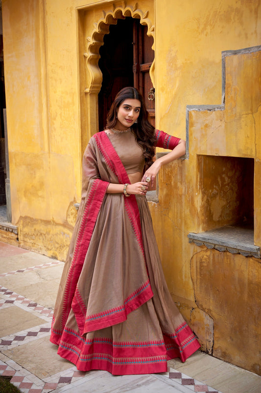 Lorenvalley Fashion Chiku Pure Chanderi Thread Work Lehenga Choli with Dupatta 