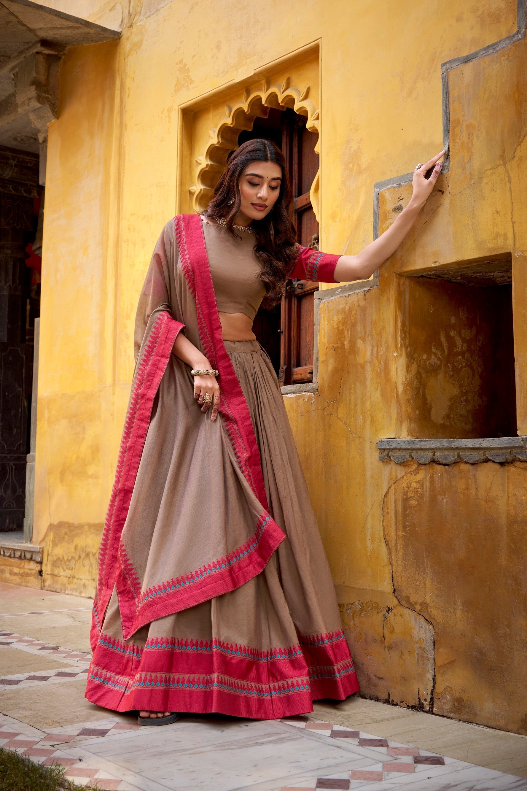 Lorenvalley Fashion Chiku Pure Chanderi Thread Work Lehenga Choli with Dupatta 