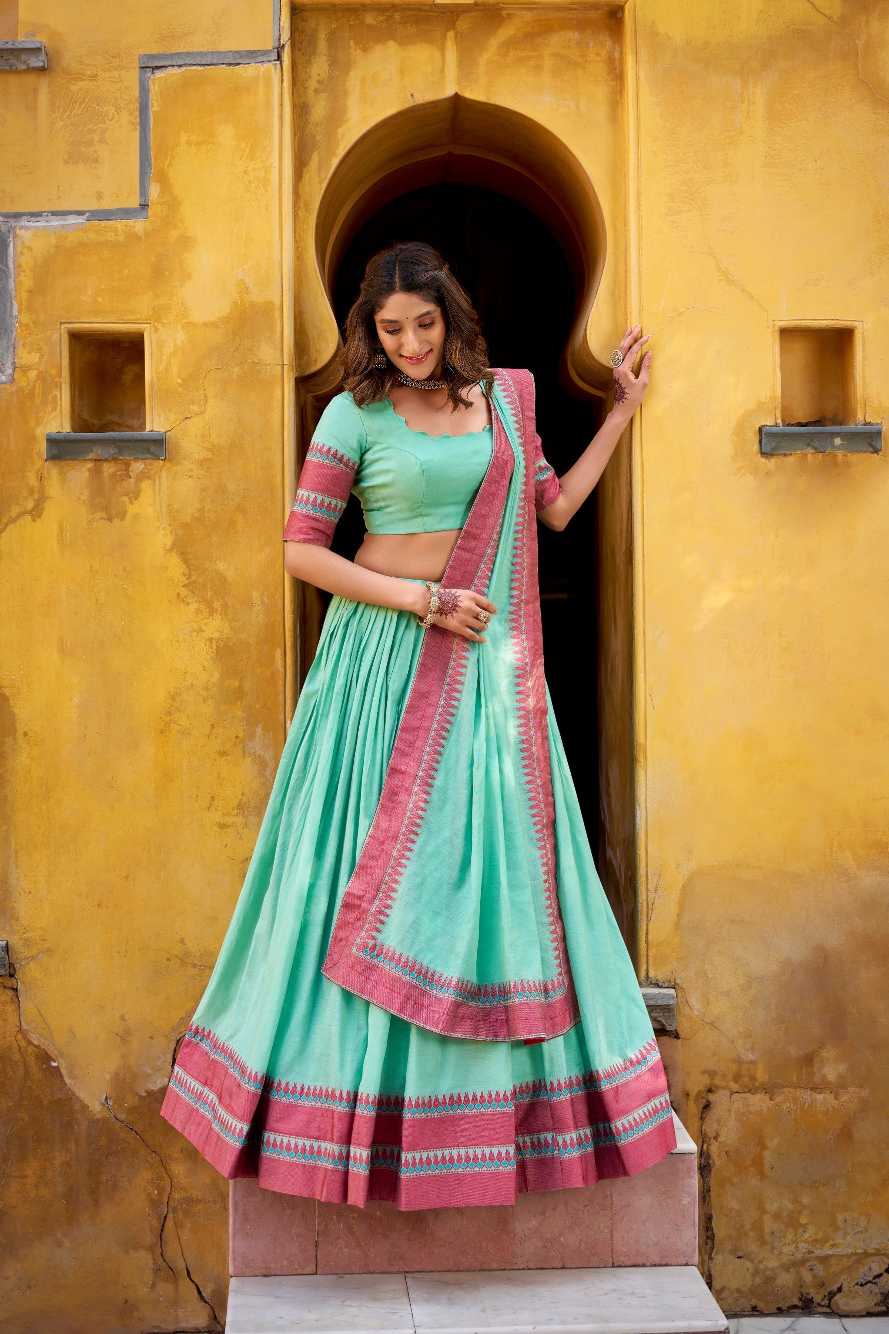 Lorenvalley Fashion Skyblue Pure Chanderi Thread Work Lehenga Choli with Dupatta 