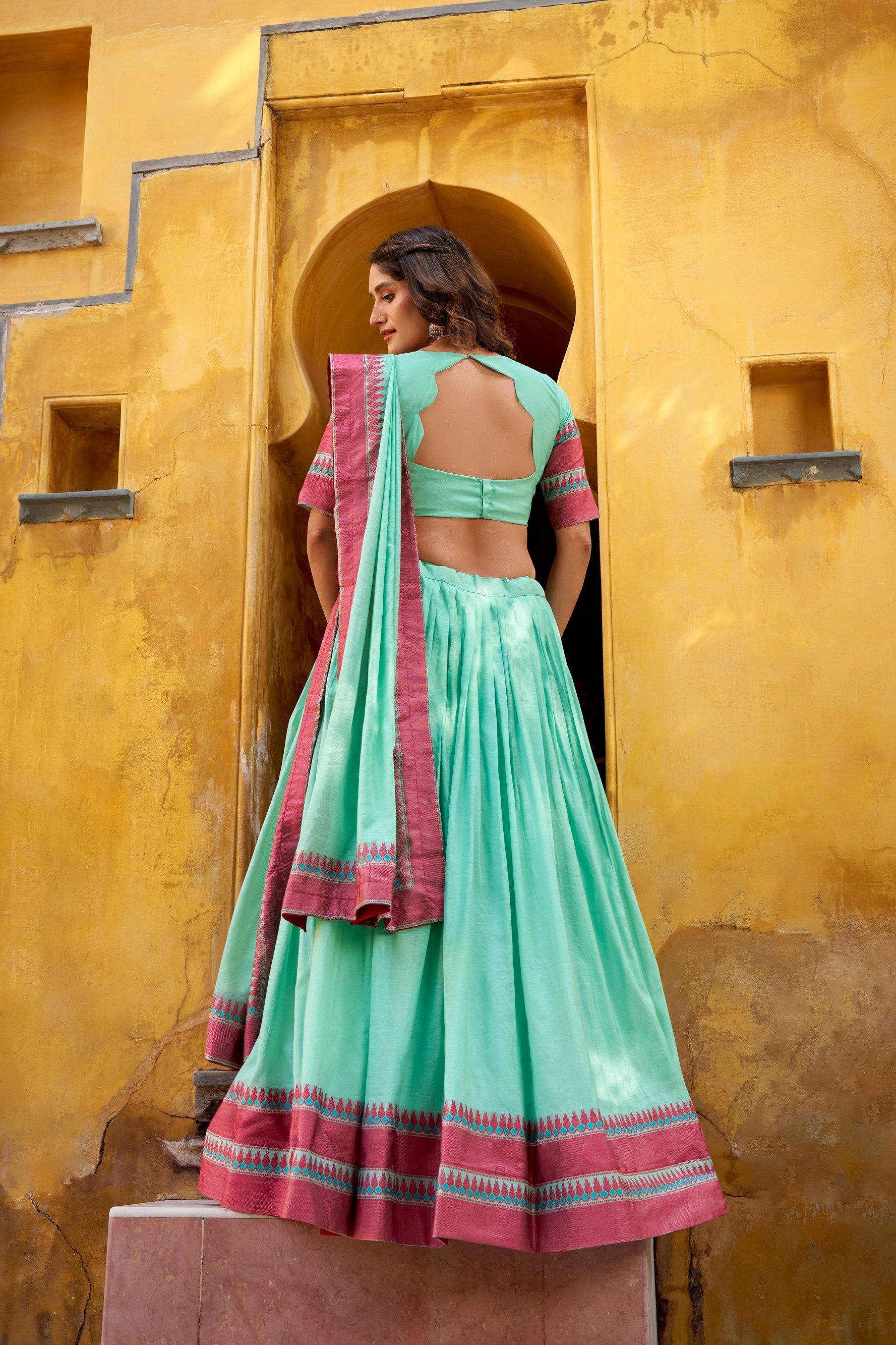 Lorenvalley Fashion Skyblue Pure Chanderi Thread Work Lehenga Choli with Dupatta 