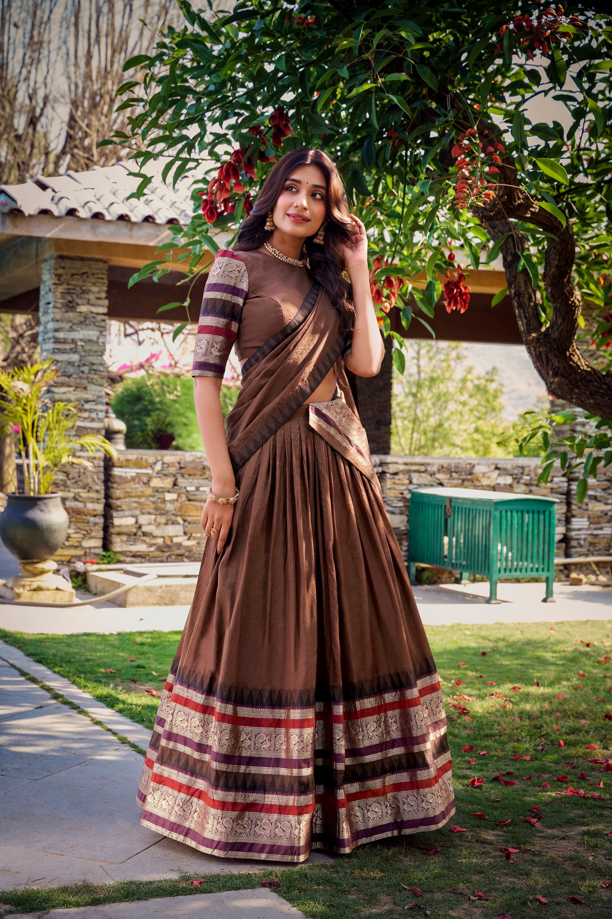 Lorenvalley Brown Pure Chanderi Plain With Zari Weaving Work Border Lehenga Choli with Dupatta 