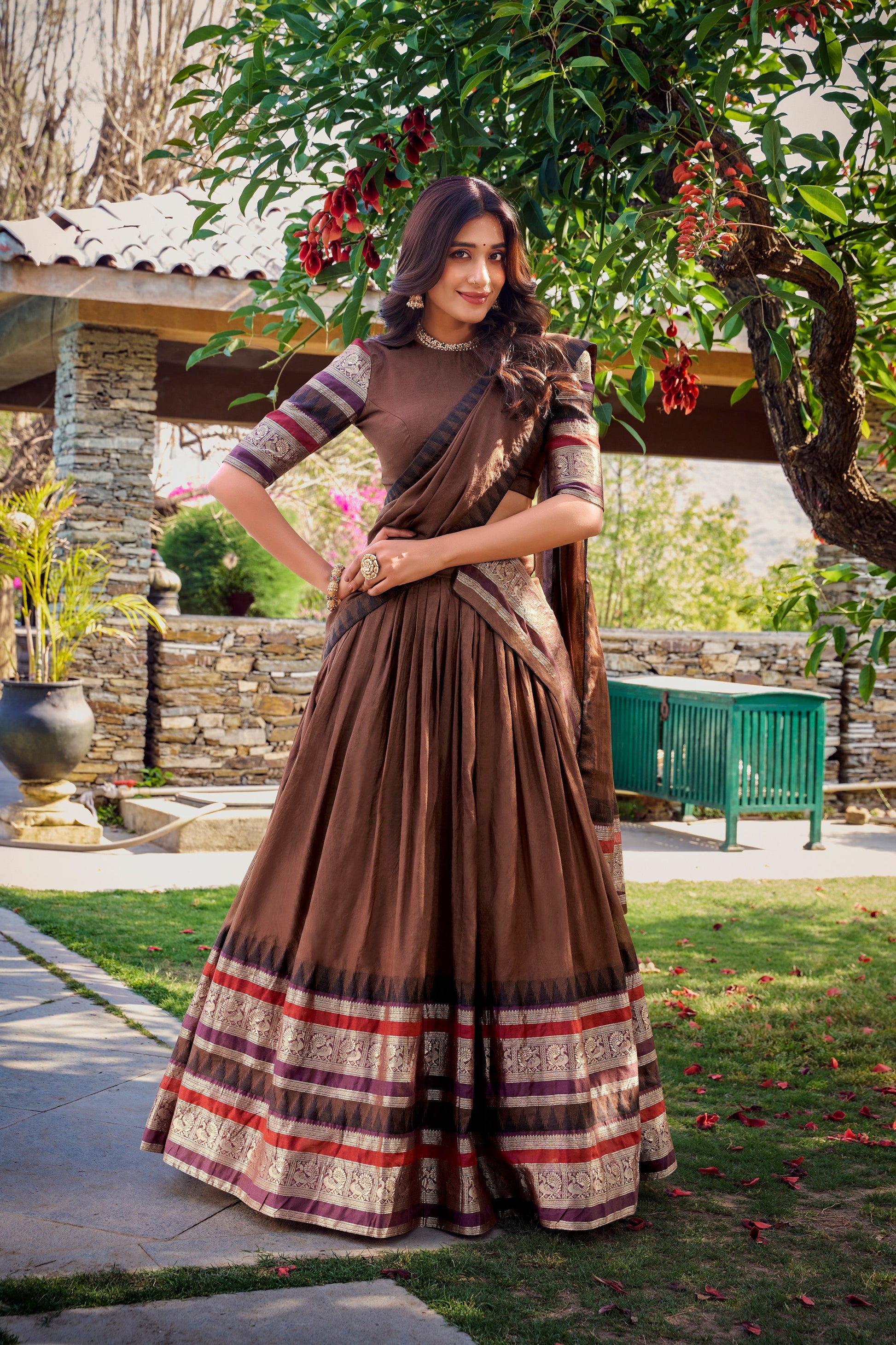 Lorenvalley Brown Pure Chanderi Plain With Zari Weaving Work Border Lehenga Choli with Dupatta 