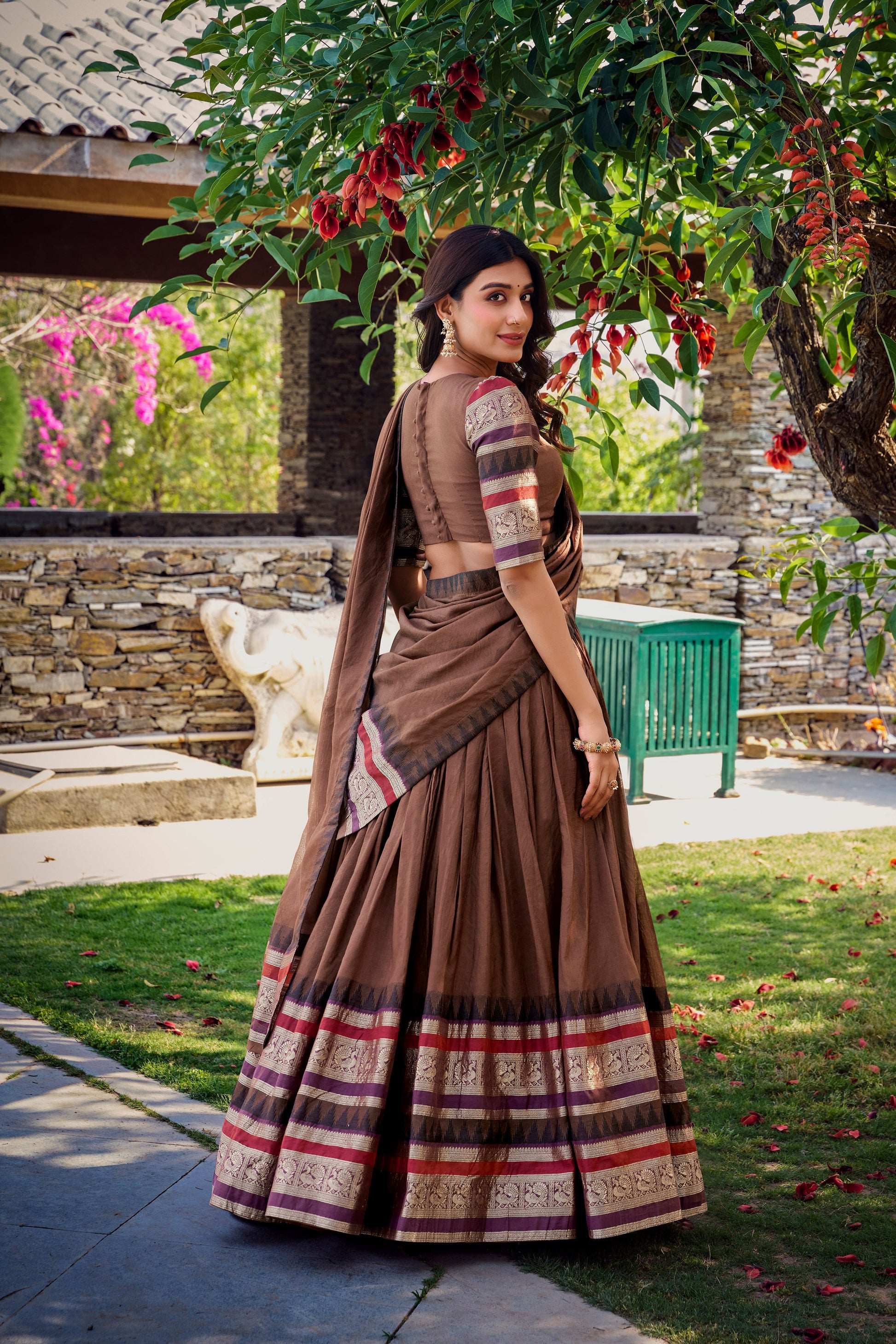 Lorenvalley Brown Pure Chanderi Plain With Zari Weaving Work Border Lehenga Choli with Dupatta 