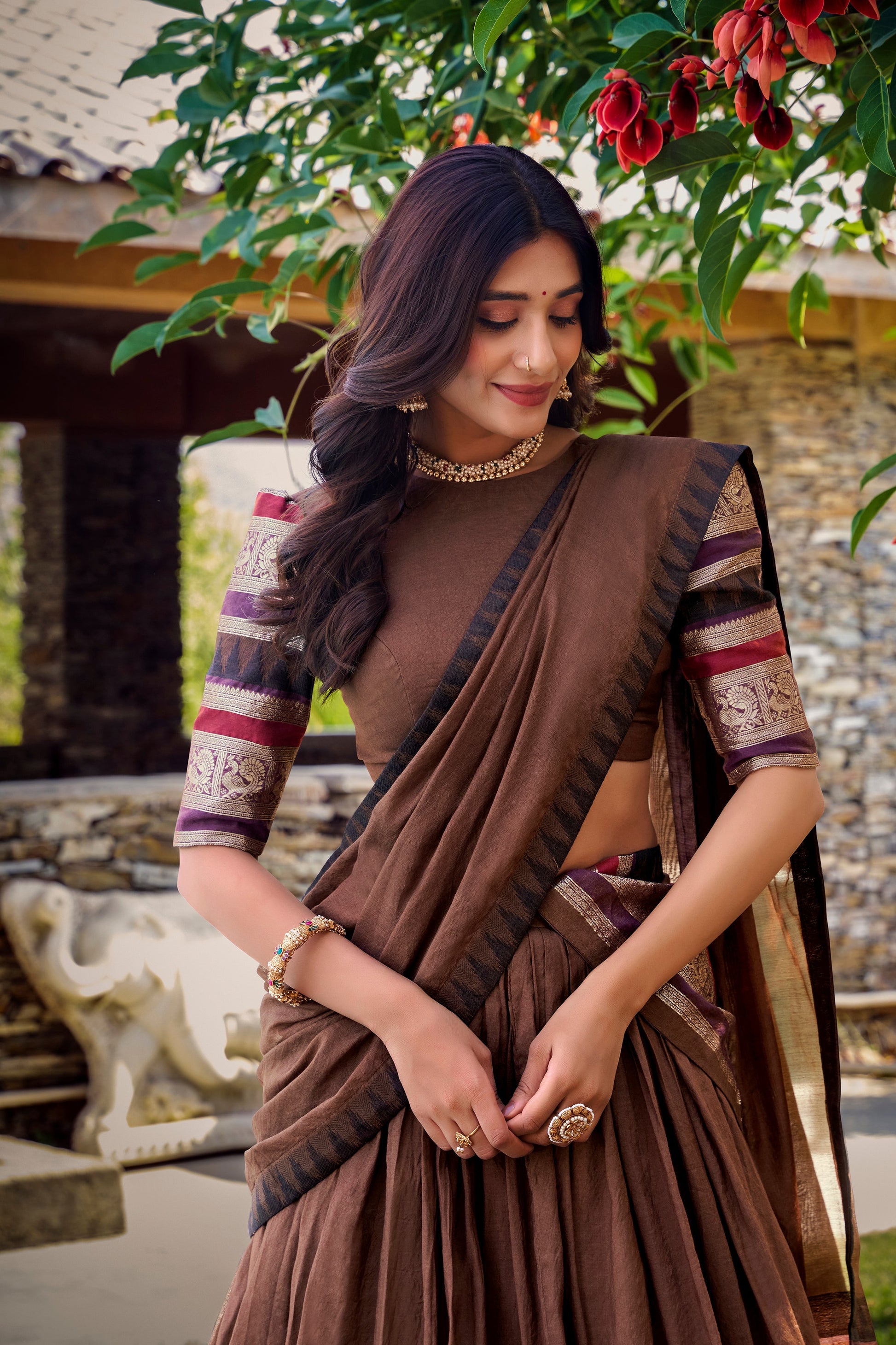 Lorenvalley Brown Pure Chanderi Plain With Zari Weaving Work Border Lehenga Choli with Dupatta 