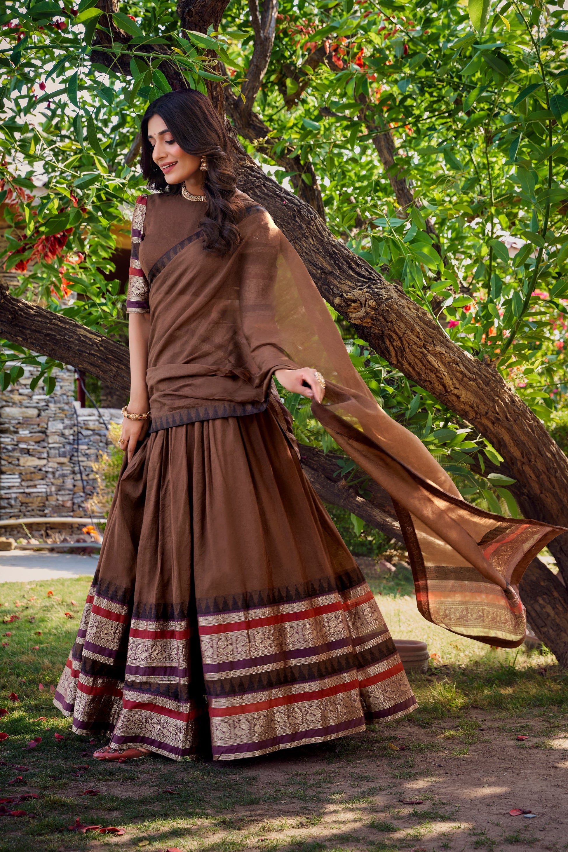 Lorenvalley Brown Pure Chanderi Plain With Zari Weaving Work Border Lehenga Choli with Dupatta 