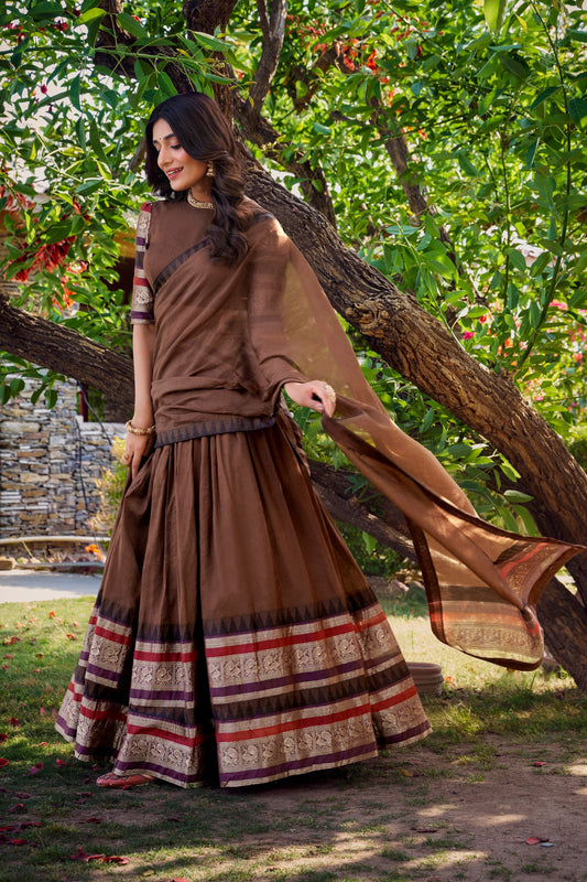 Lorenvalley Brown Pure Chanderi Plain With Zari Weaving Work Border Lehenga Choli with Dupatta 