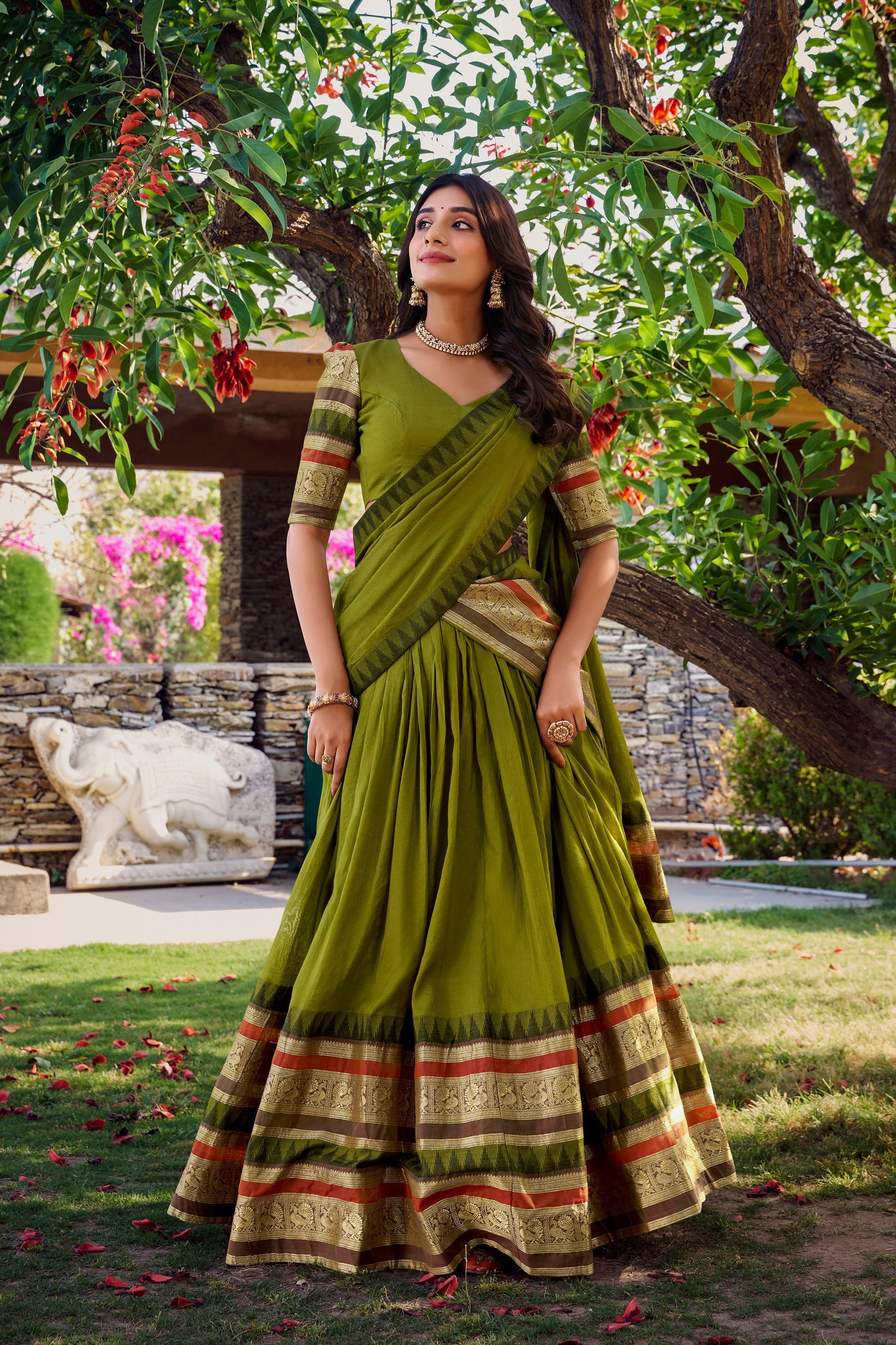 Lorenvalley Mehendi Pure Chanderi Plain With Zari Weaving Work Border Lehenga Choli with Dupatta 