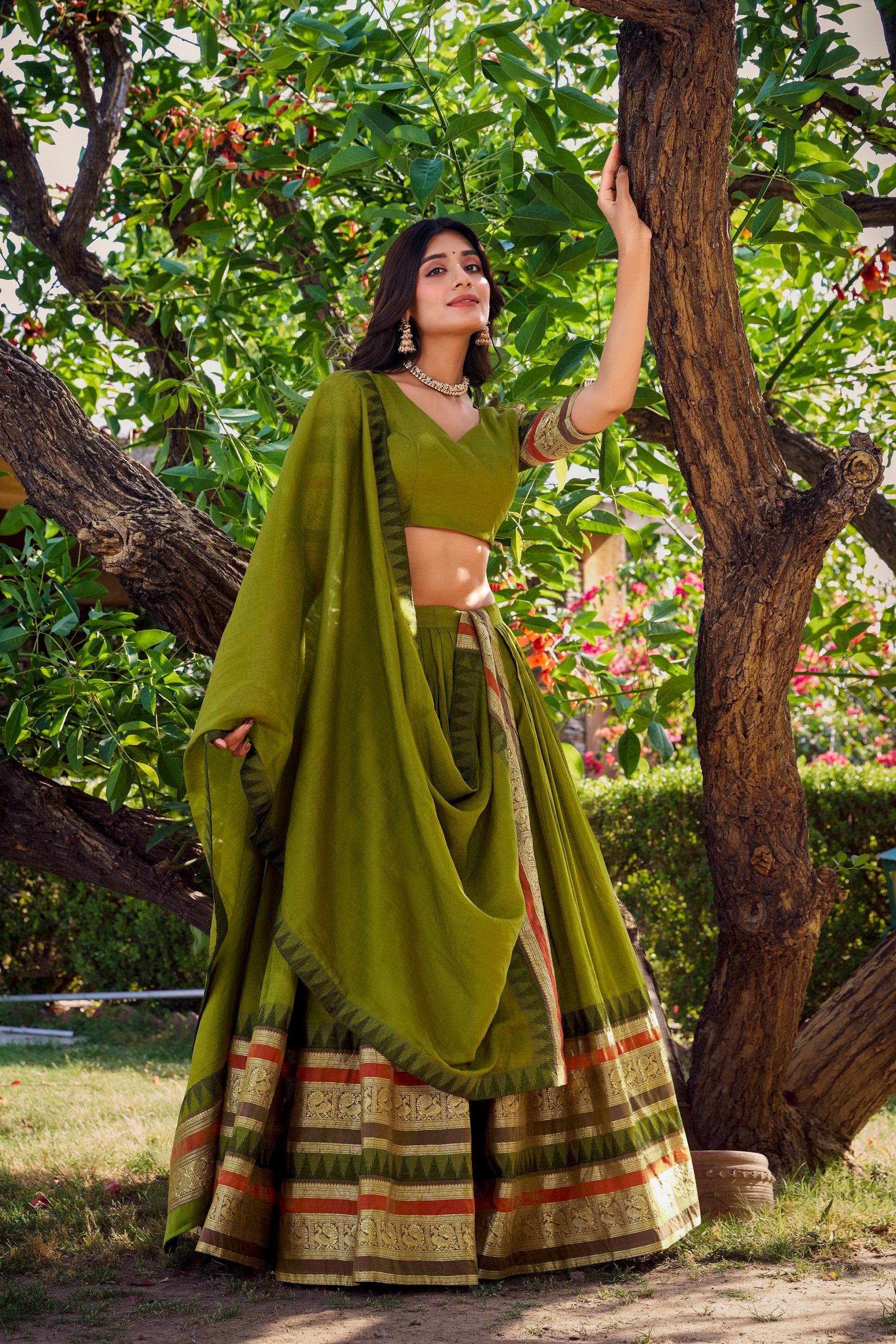 Lorenvalley Mehendi Pure Chanderi Plain With Zari Weaving Work Border Lehenga Choli with Dupatta 