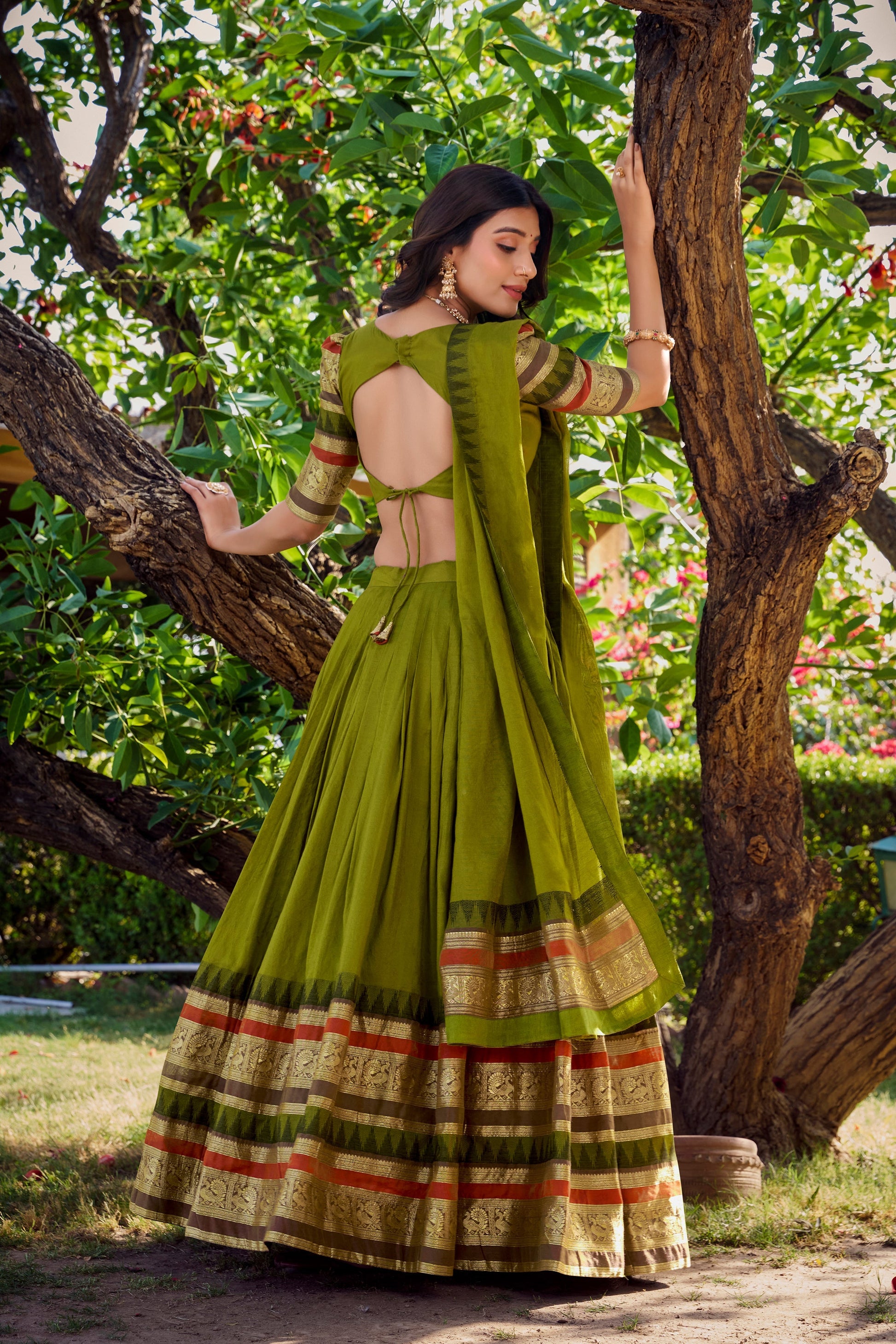 Lorenvalley Mehendi Pure Chanderi Plain With Zari Weaving Work Border Lehenga Choli with Dupatta 