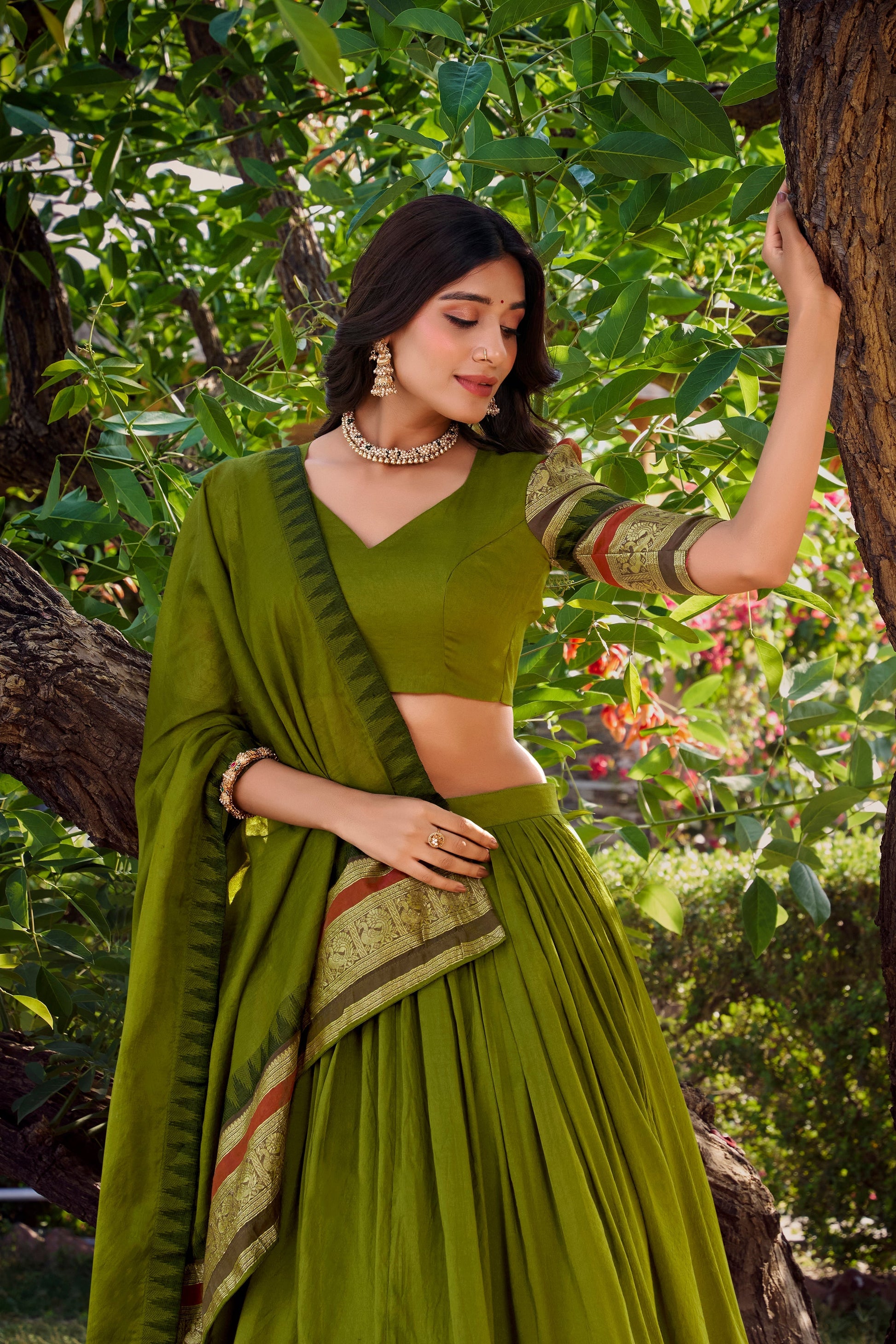 Lorenvalley Mehendi Pure Chanderi Plain With Zari Weaving Work Border Lehenga Choli with Dupatta 