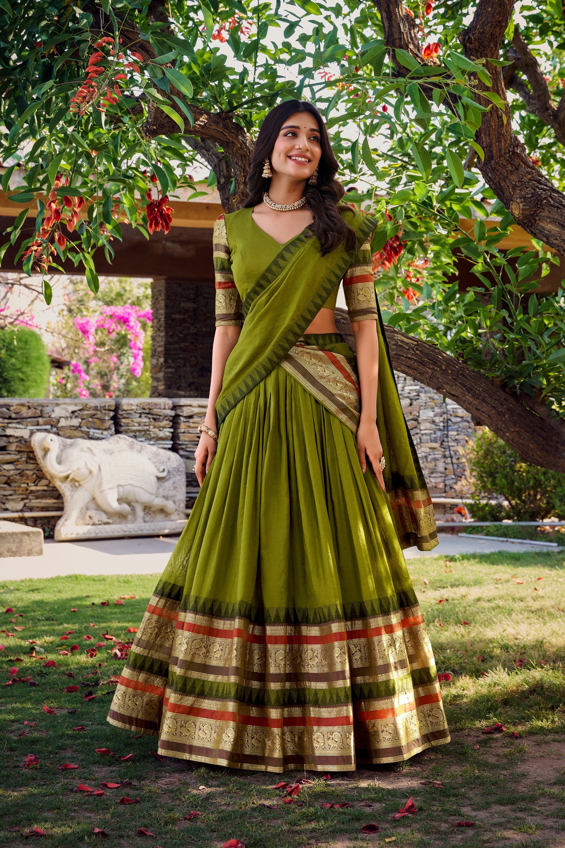 Lorenvalley Mehendi Pure Chanderi Plain With Zari Weaving Work Border Lehenga Choli with Dupatta 