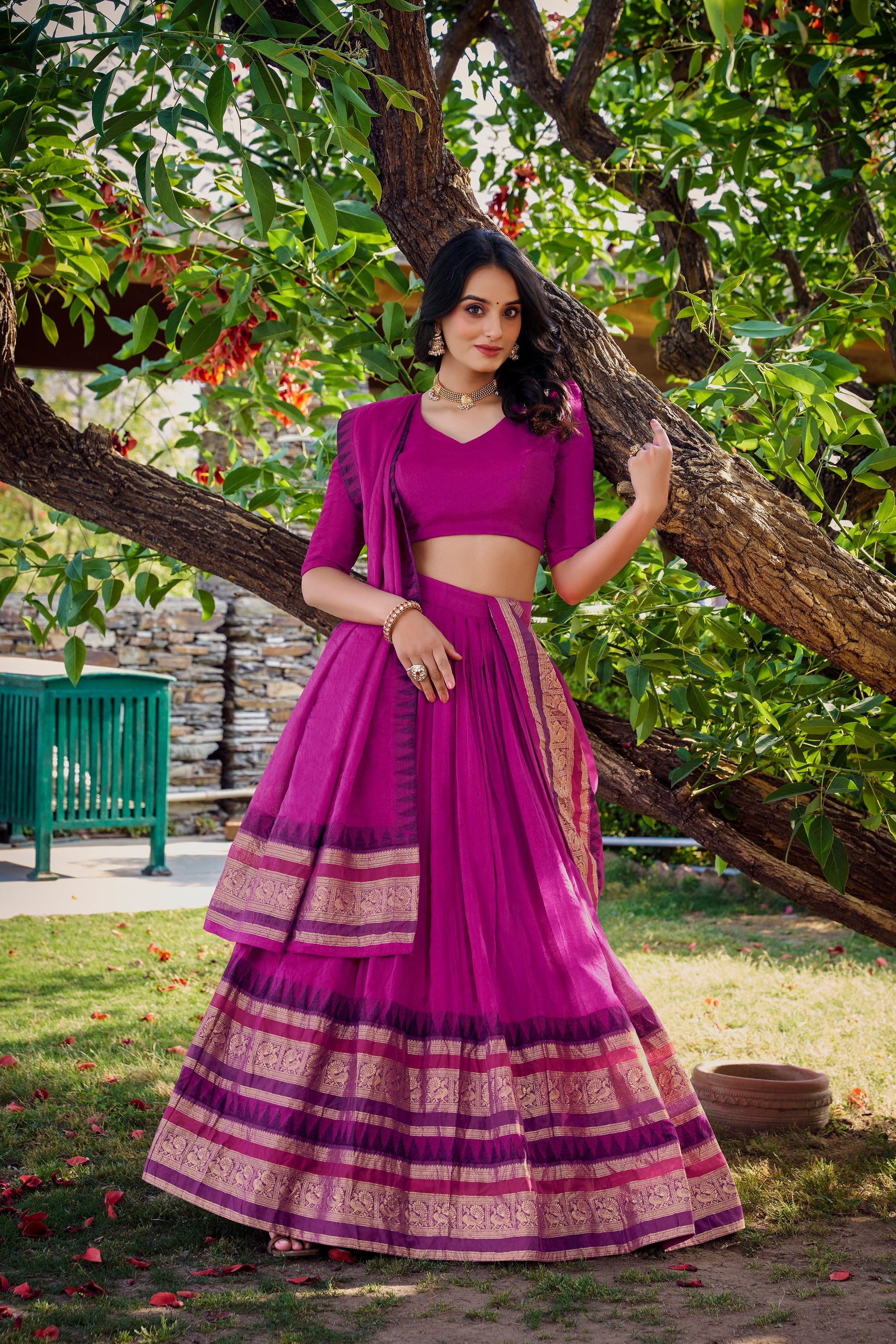 Lorenvalley Magenta Pure Chanderi Plain With Zari Weaving Work Border Lehenga Choli with Dupatta 